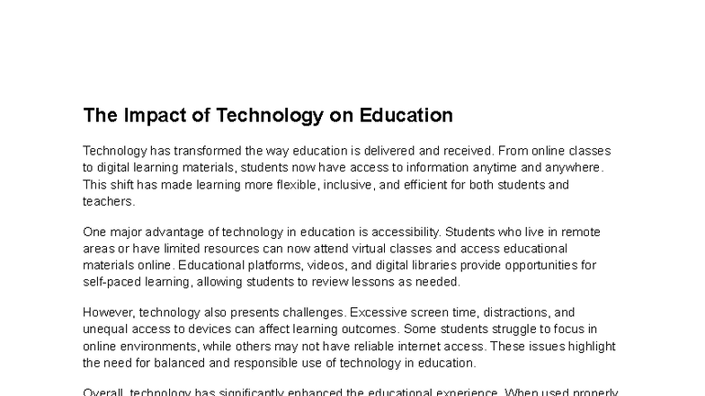 The Impact of Technology on Education: A Comprehensive Overview - Studocu