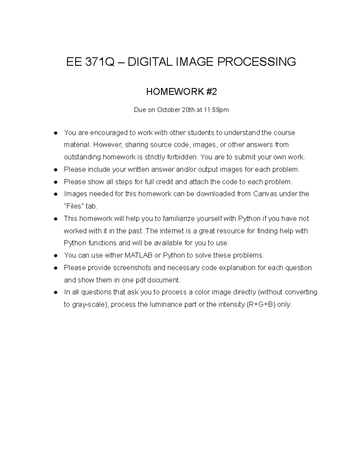 HW2 - HW2 - EE 371Q – DIGITAL IMAGE PROCESSING HOMEWORK Due on October ...