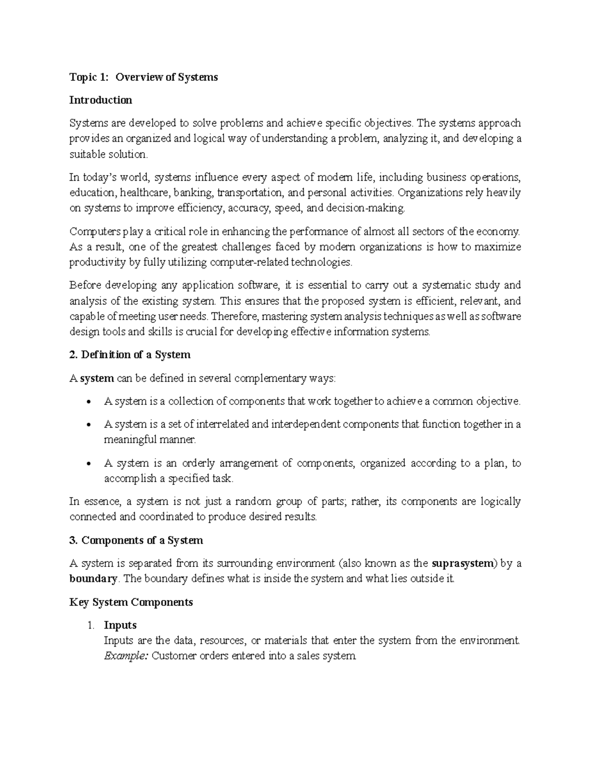 Topic 1: Overview of Systems - Key Concepts and Components - Studocu