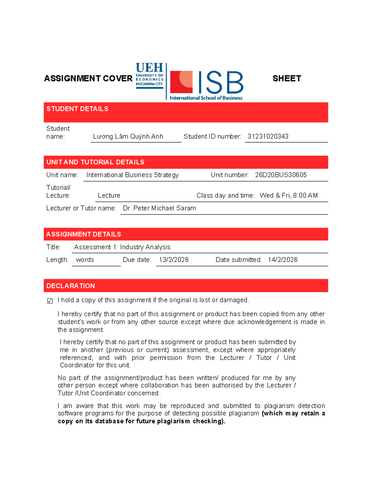 Assignment Cover Sheet for 26D20BUS30605: Industry Analysis - Studocu