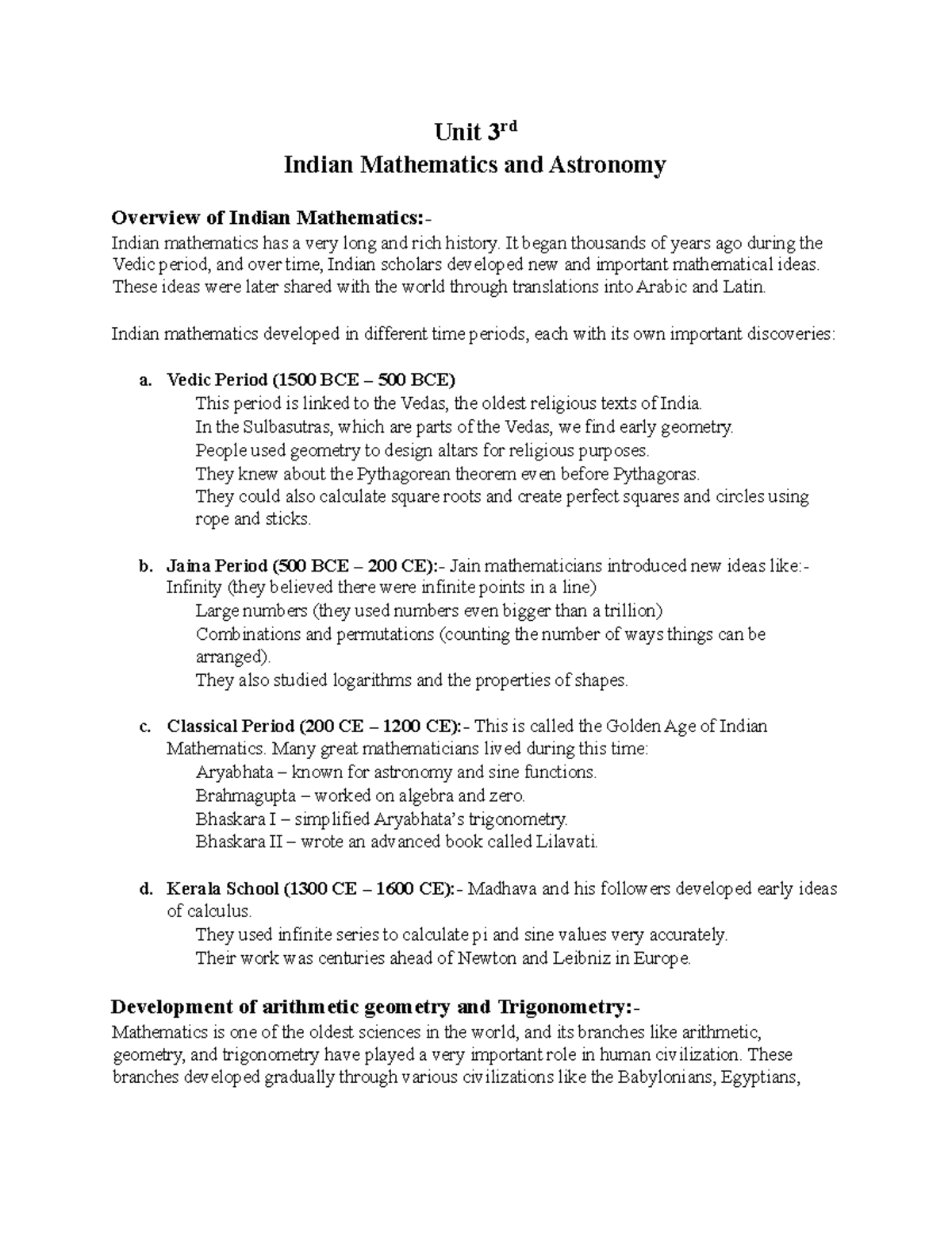 IKS 3rd Unit: Overview of Indian Mathematics & Astronomy - Studocu