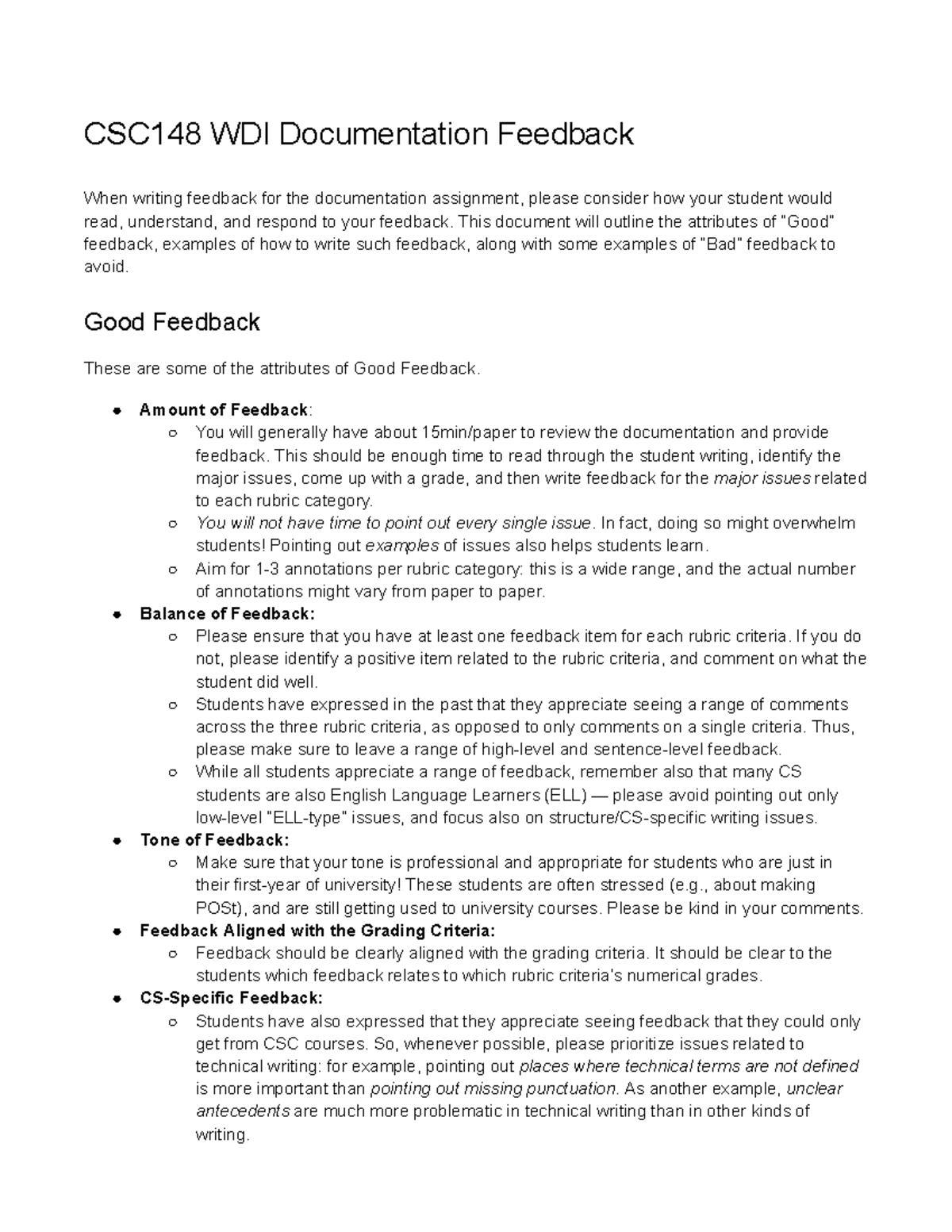 CSC148 WDI Documentation Feedback Guidelines - Studocu
