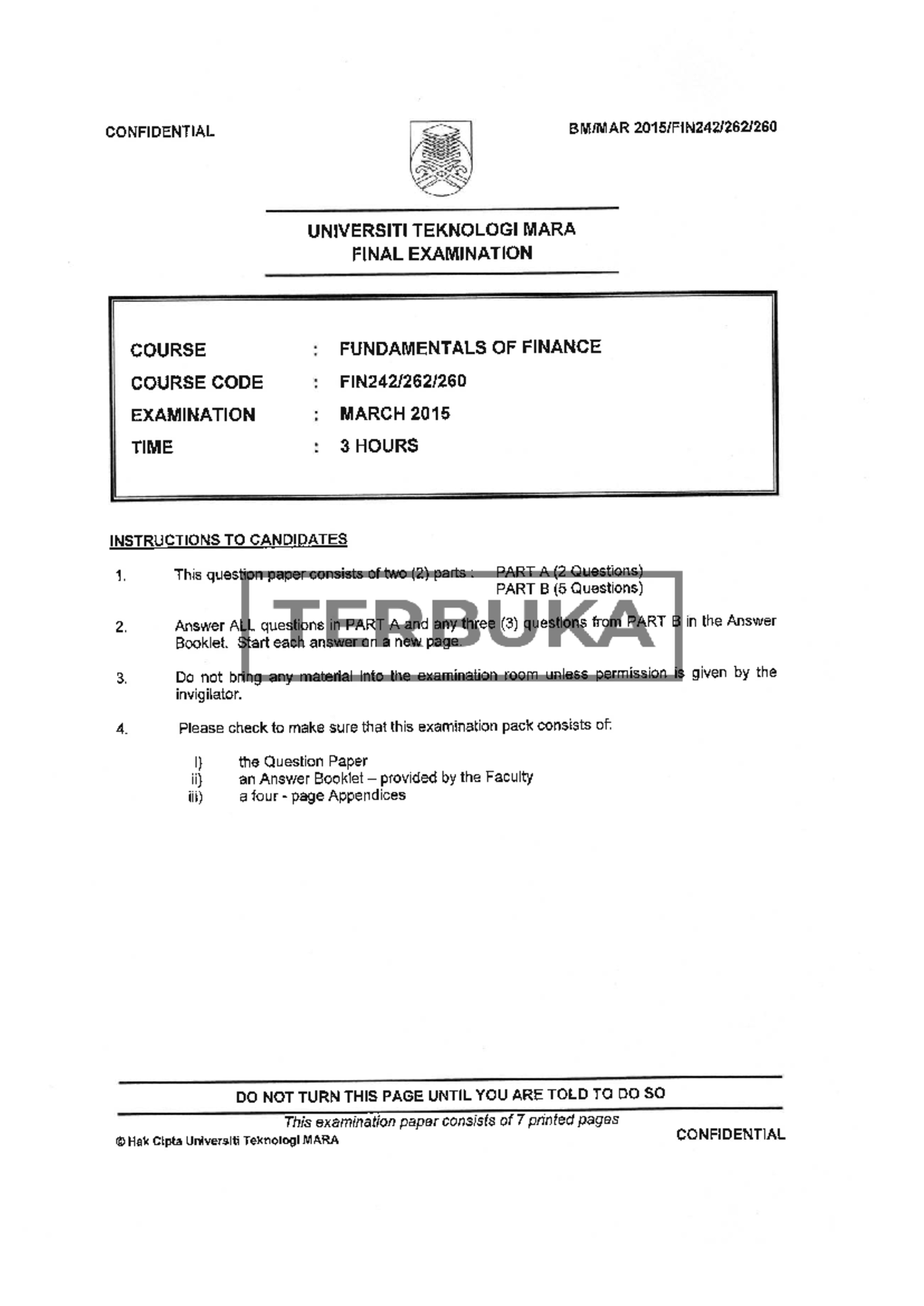FIN242 Final Exam: Fundamentals of Finance - March 2015 Question Paper ...