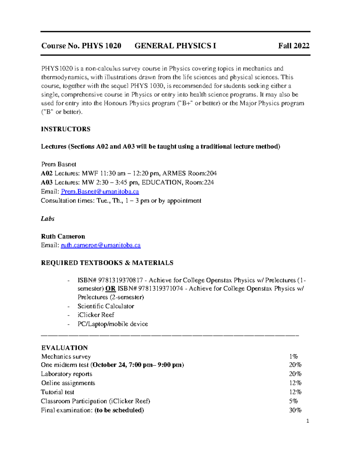 PHYS 1020 General Physics I: Fall 2022 Course Overview and Guidelines ...