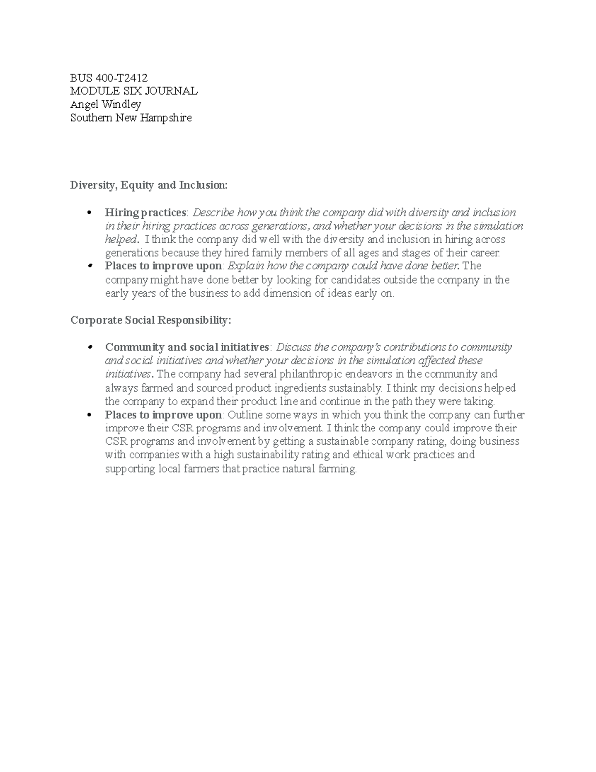 BUS 400 Module 6 Journal: Diversity and Corporate Social Responsibility ...