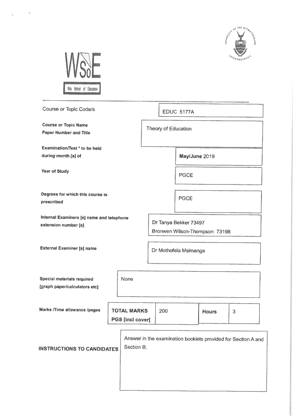 EDUC 5177A - PGCE Theory of Education Exam Paper 2019 - Studocu
