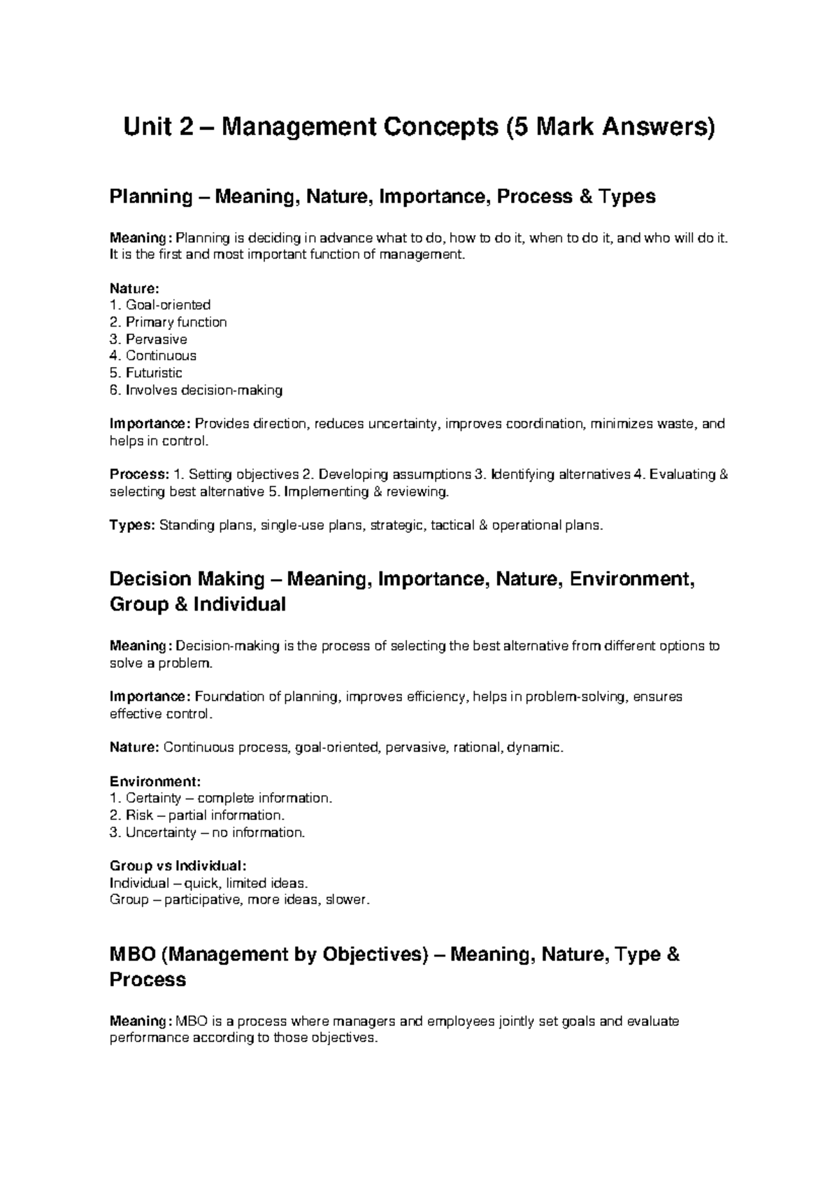 Unit 2 Management Concepts Notes: Planning & Decision Making Insights ...