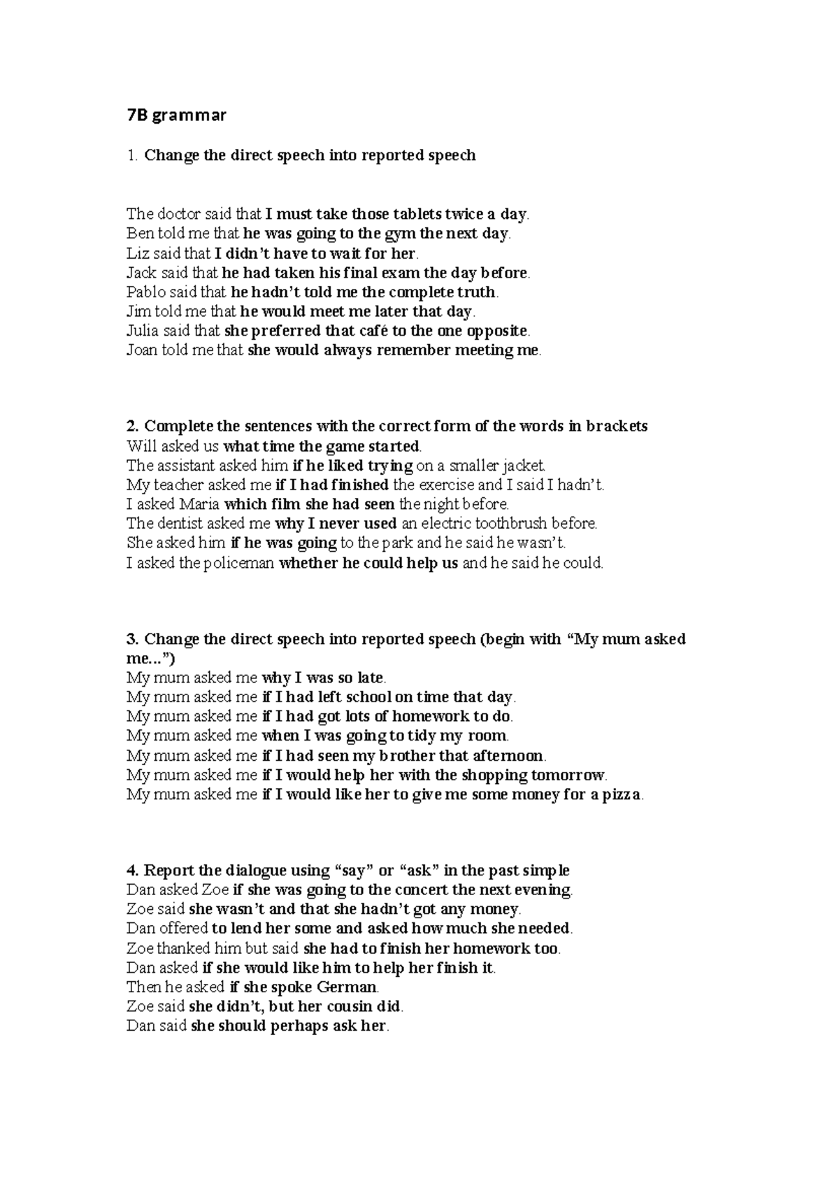 E-Learning 2: Grammar Practice on Reported Speech and Verbs - Studocu