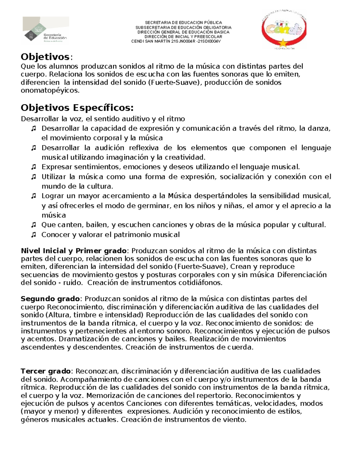 Planeación Anual para Música - Nivel Inicial y Primer Grado - Document Preview