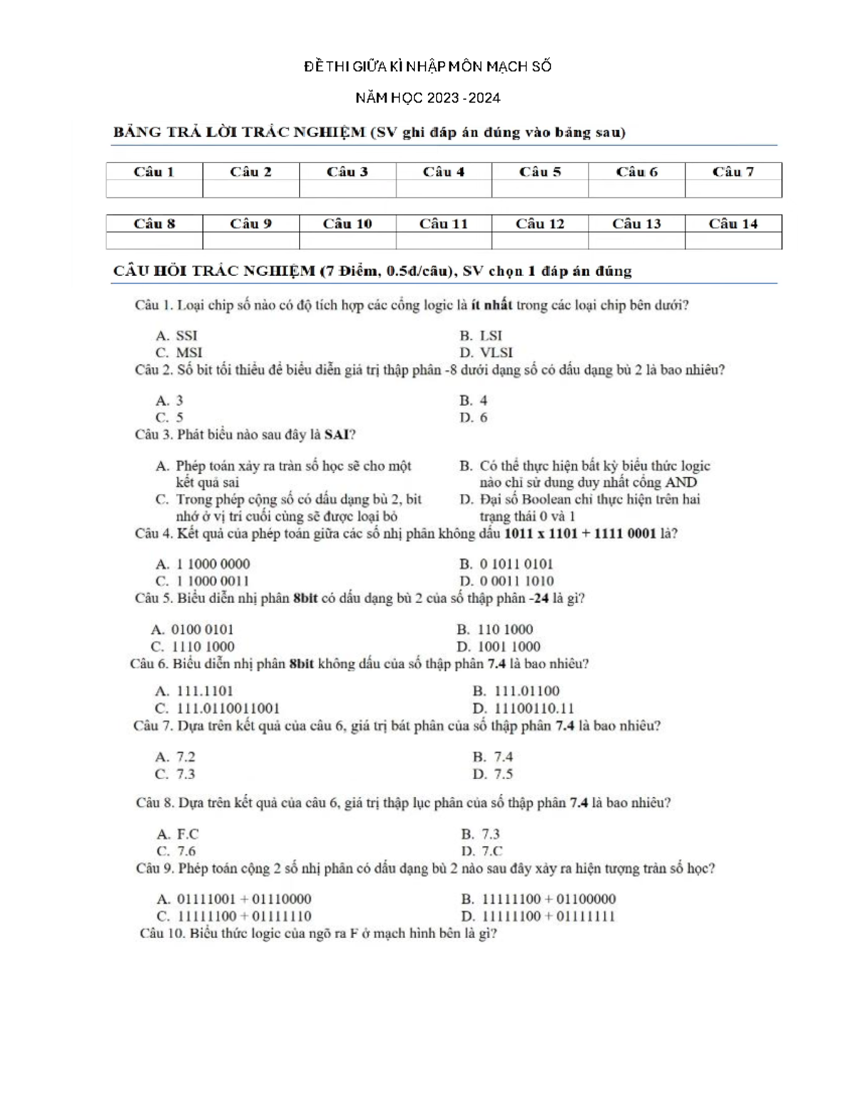 Đề Thi Giữa Kỳ Môn Mạch Số - Năm Học 2023-2024 - Document Preview