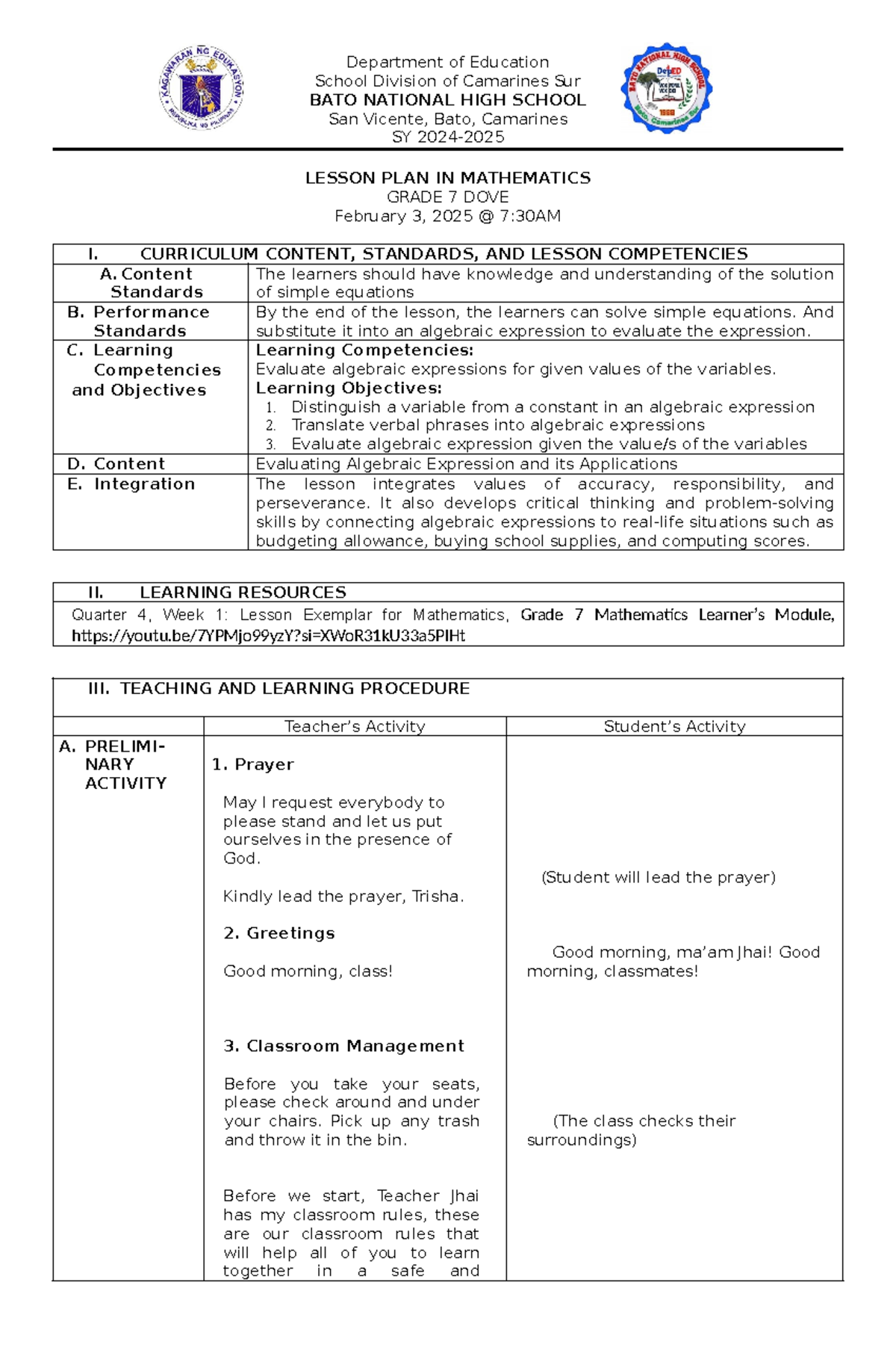 DLP Lesson Plan in Mathematics G7: Evaluating Algebraic Expressions ...