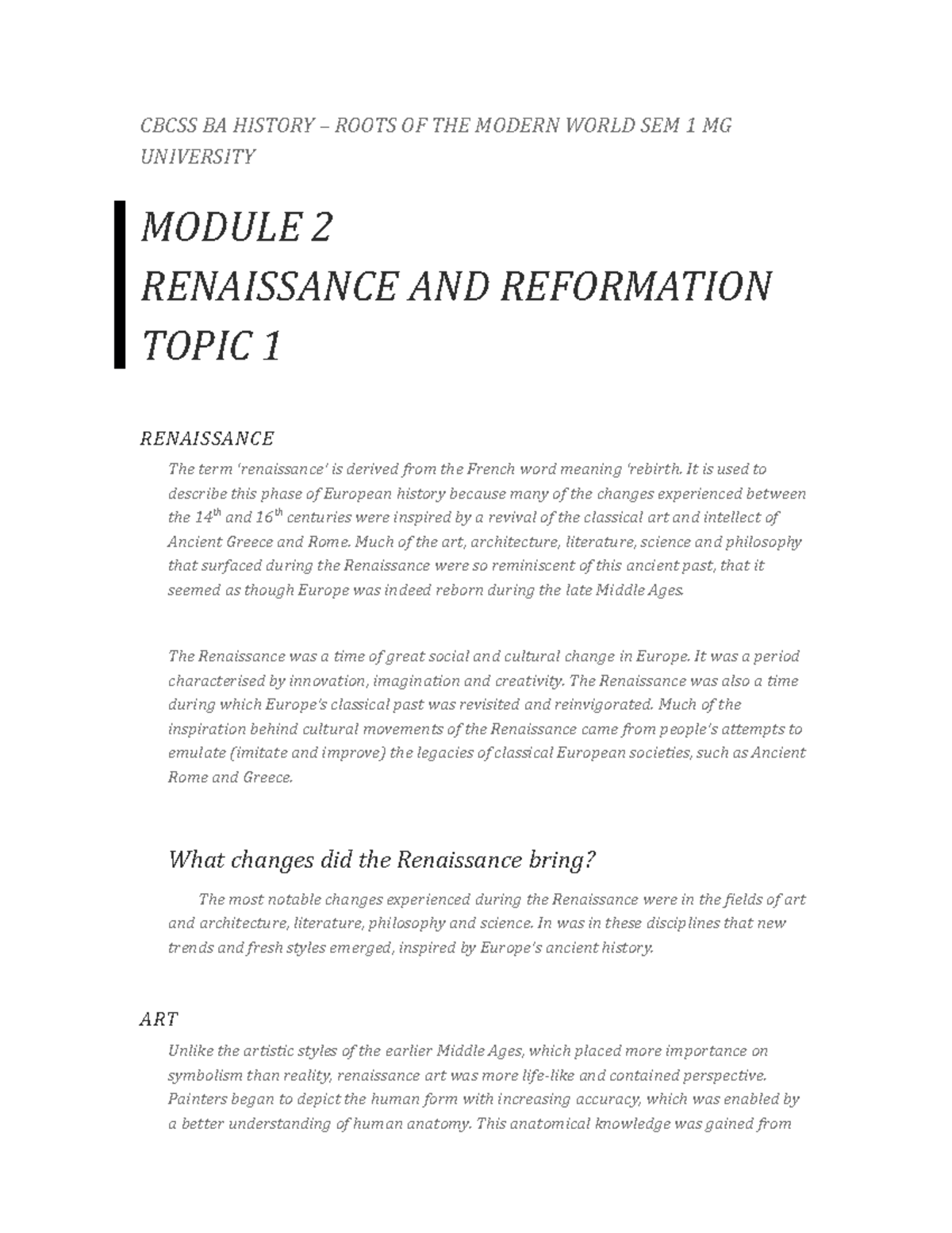 CBCSS BA HISTORY SEM 1: Module 2 Renaissance Lecture Notes - Studocu