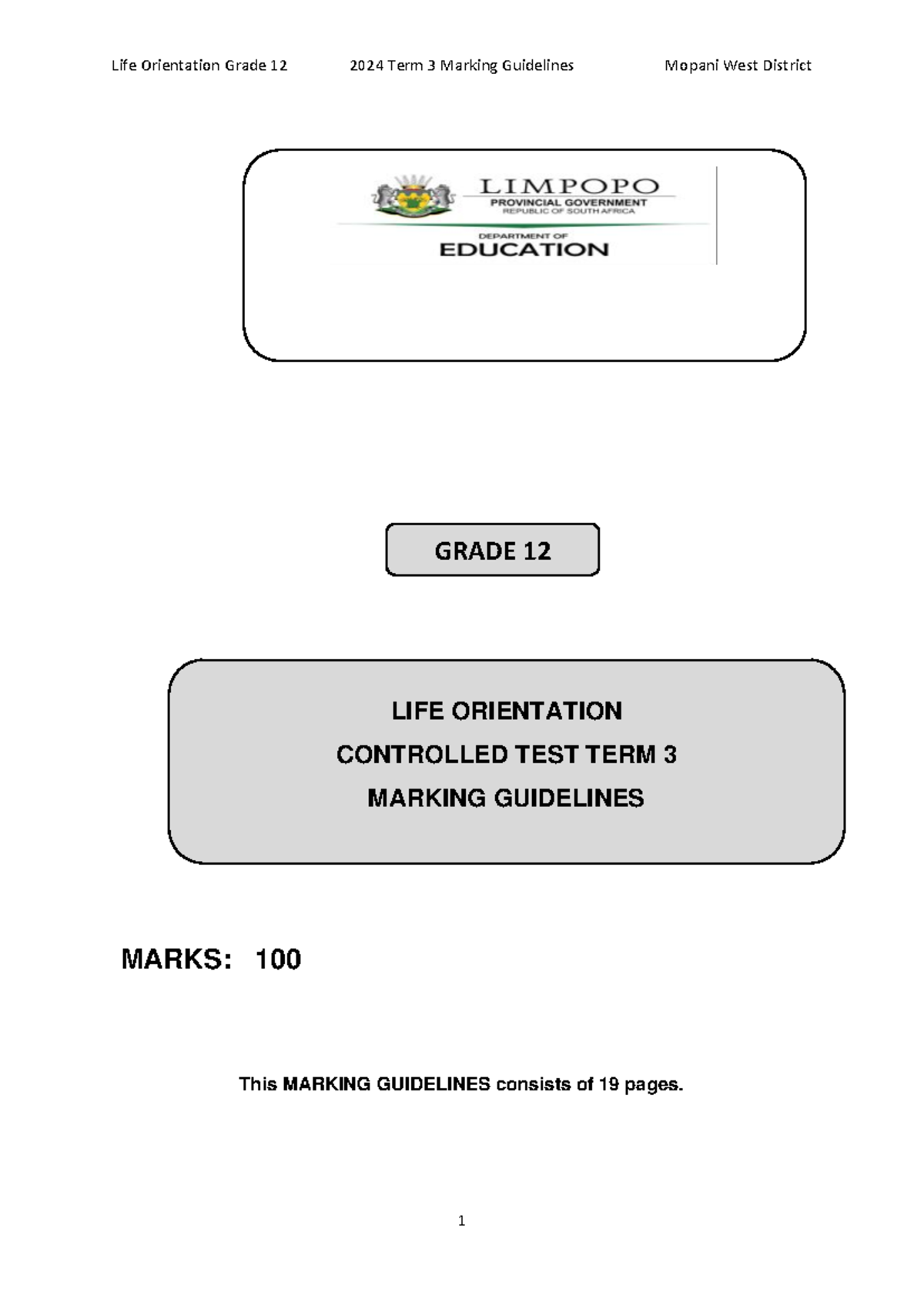 2024 Marking Guidelines for Life Orientation Term 3 Grade 12 - Mopani ...
