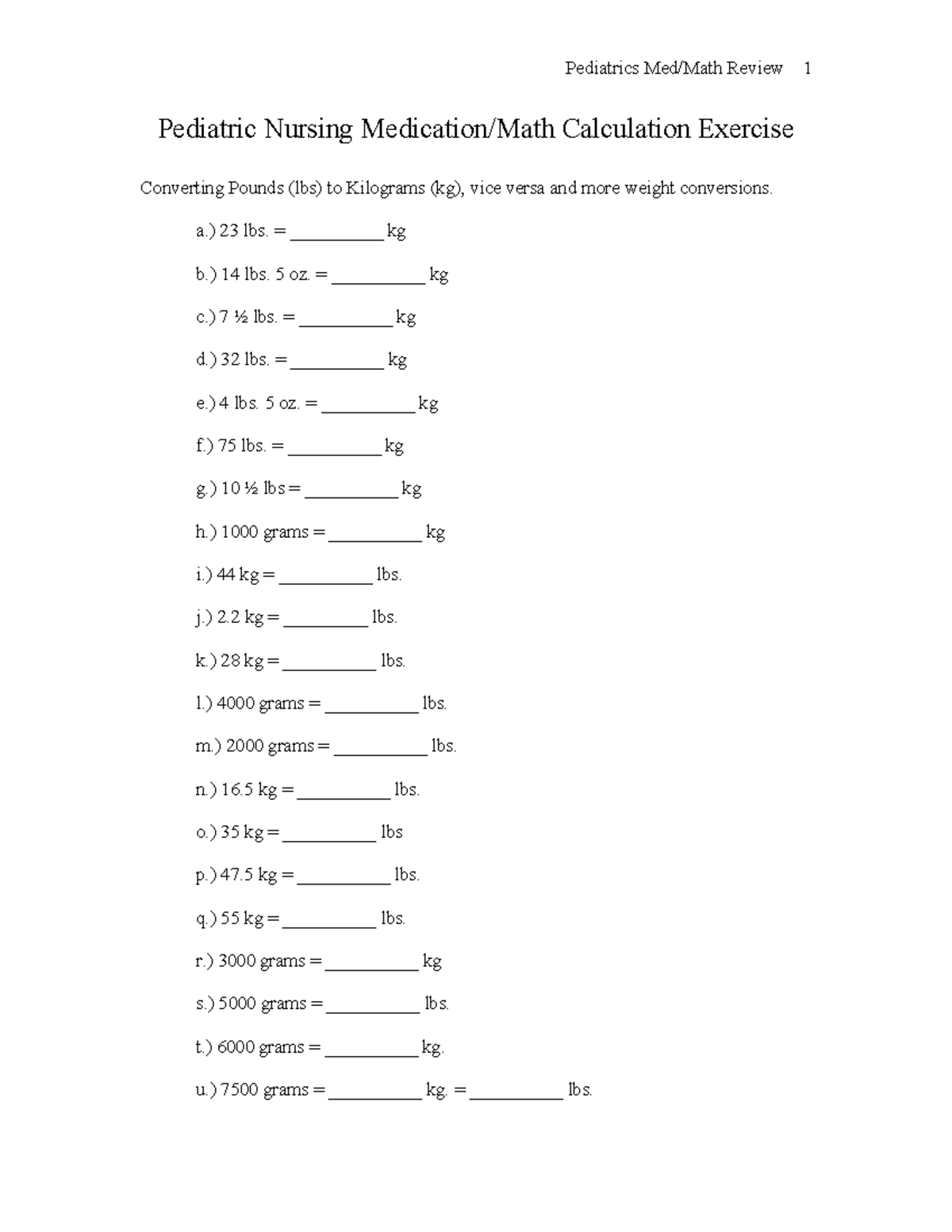 Med Math Review-1 - Med Math Practice W/ Answers - Pediatric Nursing ...