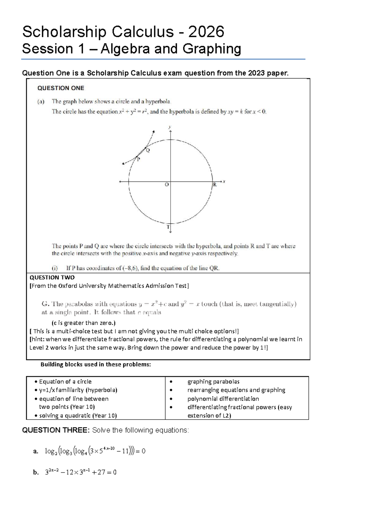 Scholarship Calculus 2026 Session 1: Algebra & Graphing Exam Questions ...