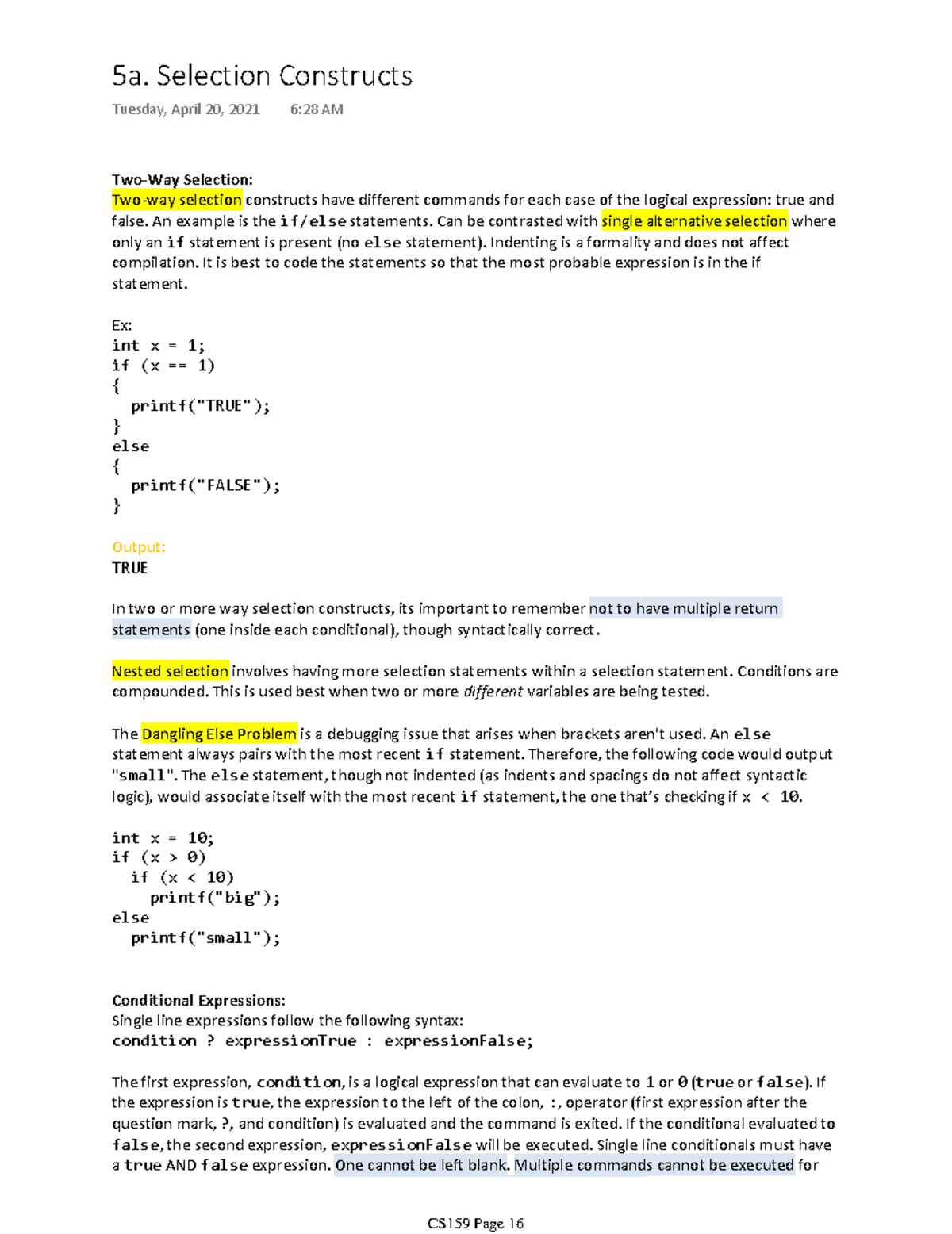 5a. Selection Constructs - Two-Way Selection: Two-way selection ...