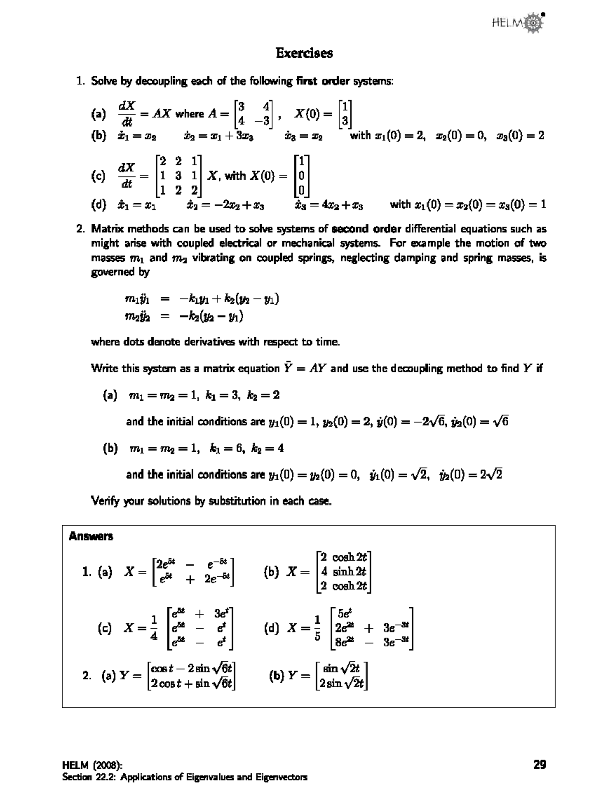 HELM Exercises: Decoupling First Order Systems and Matrix Methods - Studocu