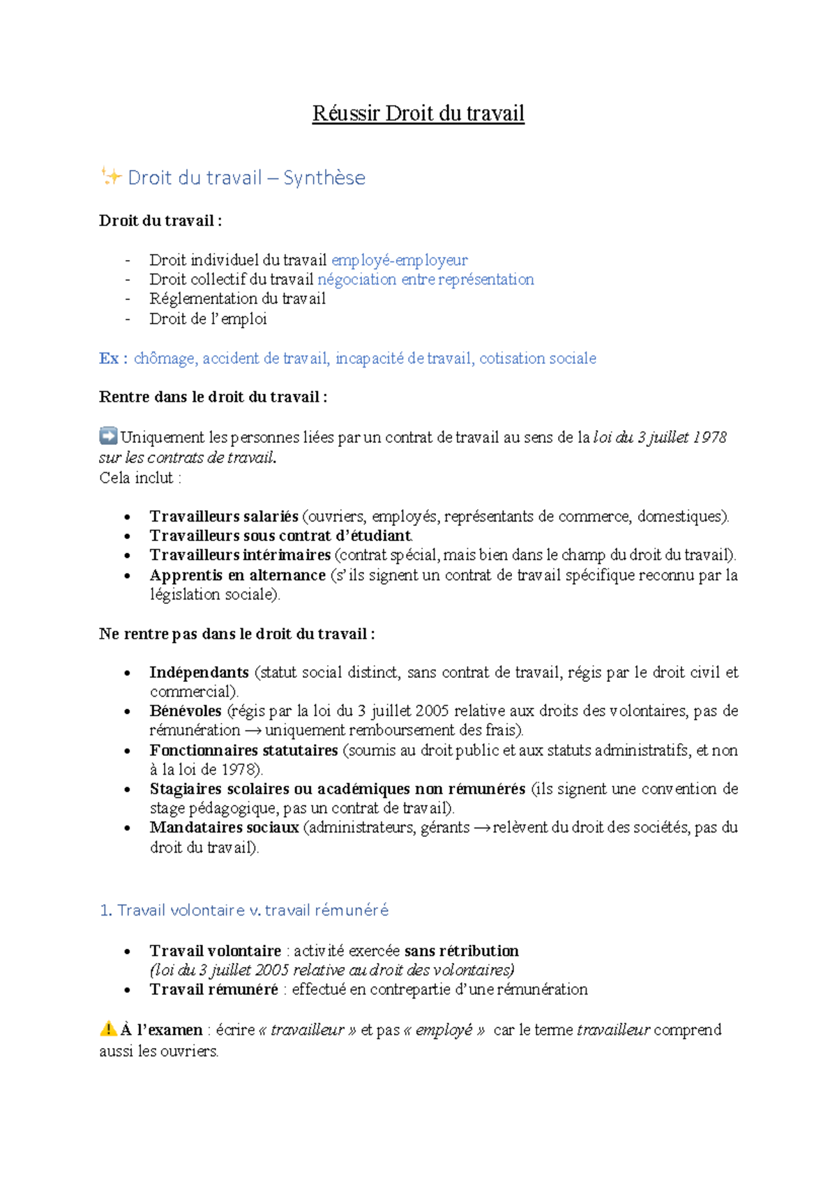 Synthèse Droit du Travail : Concepts Clés et Réglementations (DROIT 101 ...
