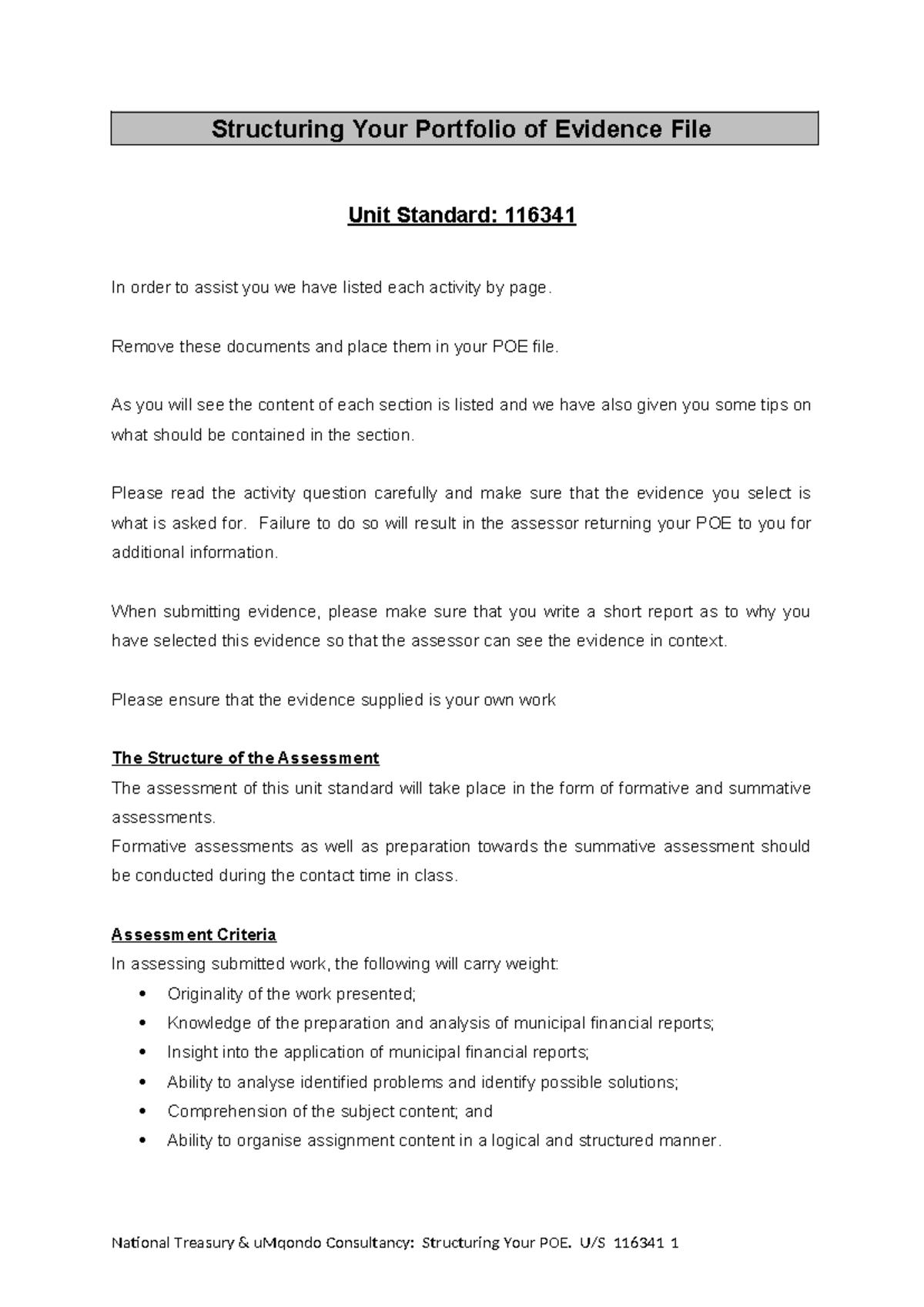 POE Unit Standard 116341 - Structuring Your Portfolio of Evidence - Studocu