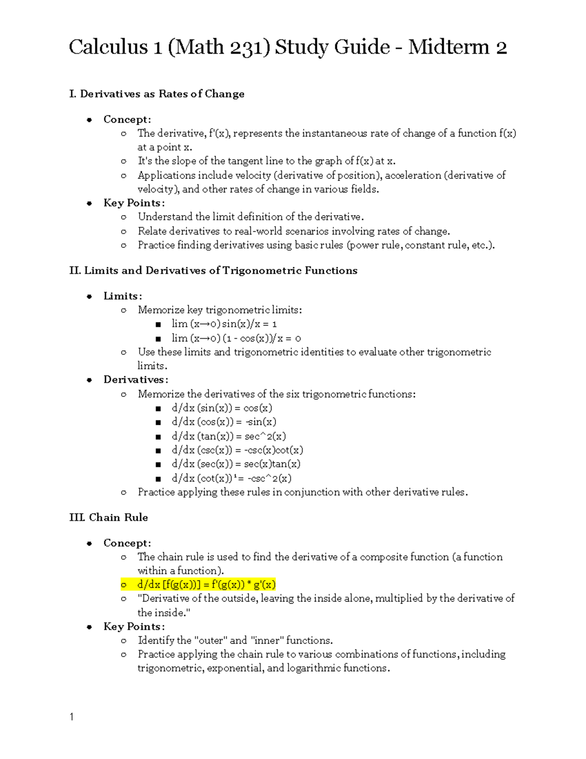 Calculus 1 (Math 231) Study Guide - Midterm 2 - I. Derivatives as Rates ...