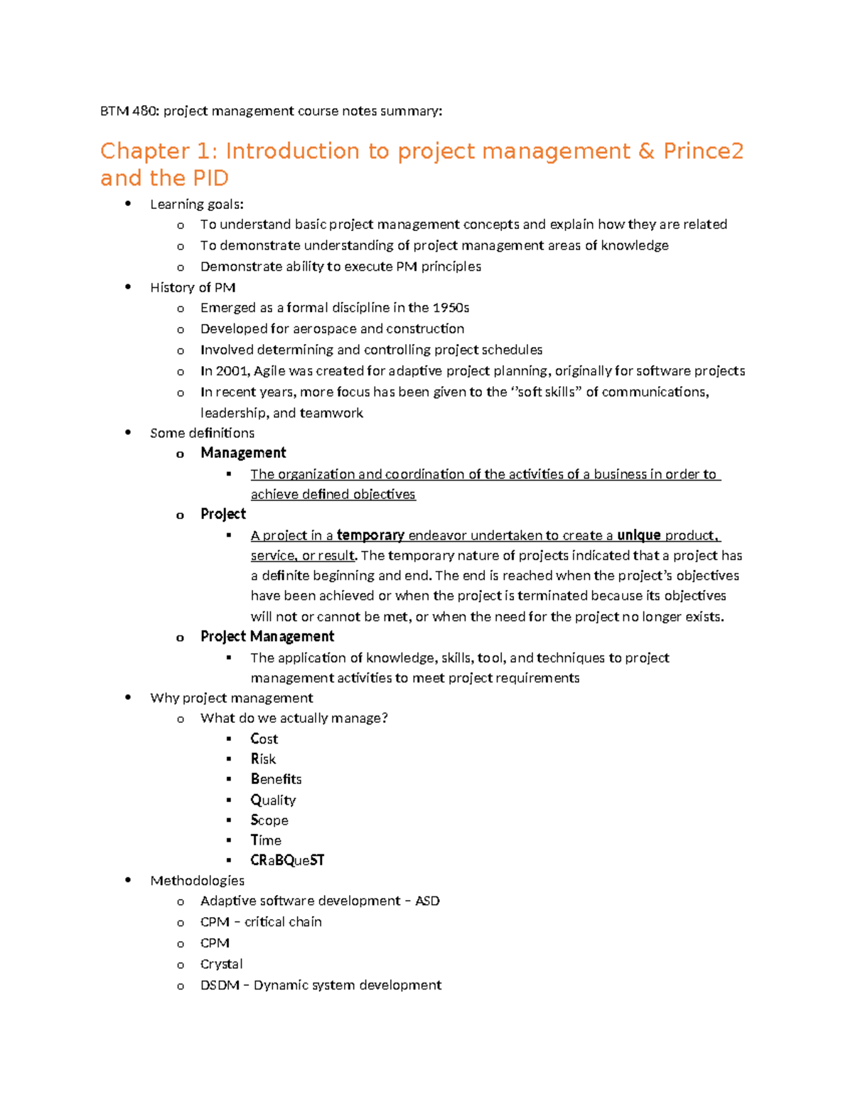 BTM 480: Project Management Course Notes Summary (Chapters 1-3) - Studocu
