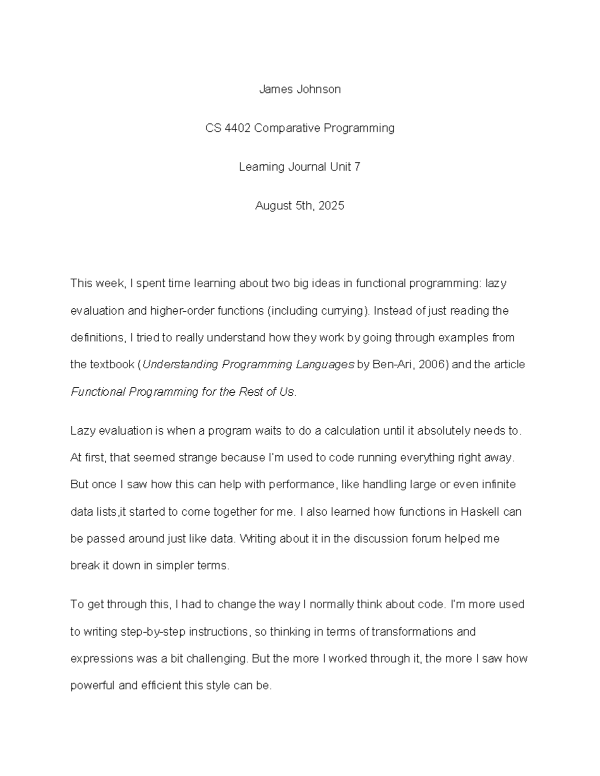 CS 4402 Comparative Programming Learning Journal Unit 7 Insights - Studocu