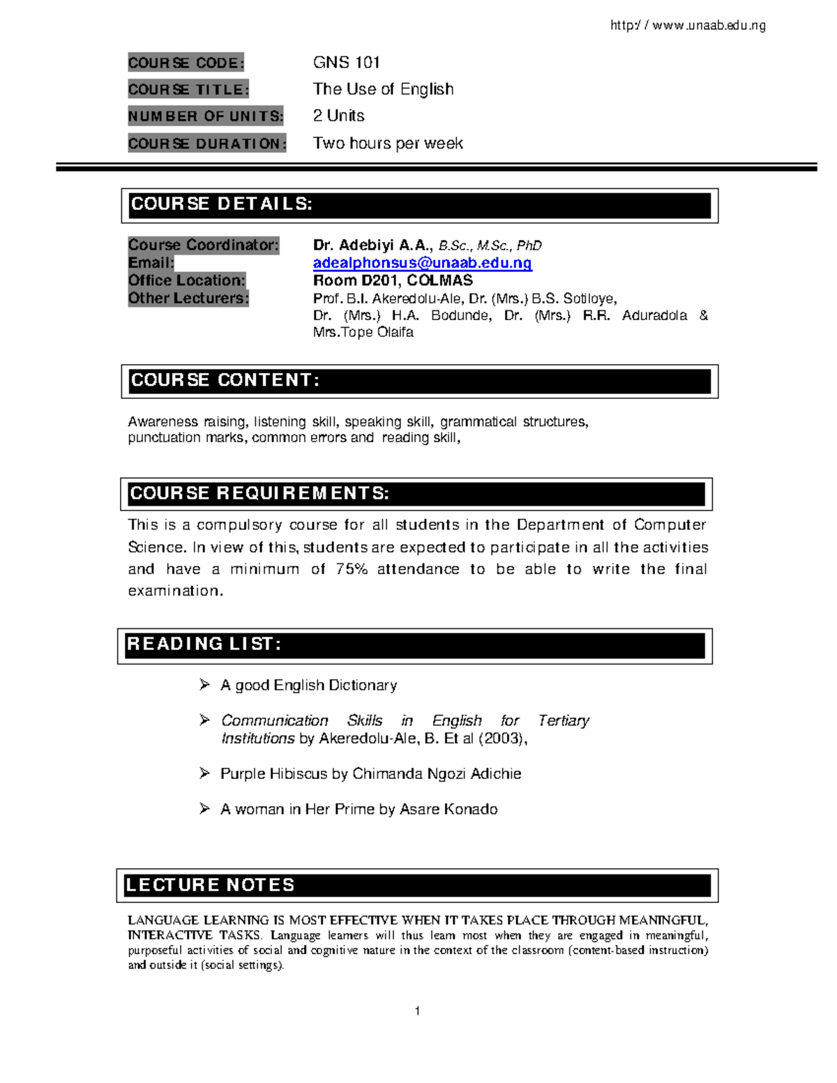 GNS 101 - Uses of English - COURSE CODE: GNS 101 COURSE TITLE: The Use ...