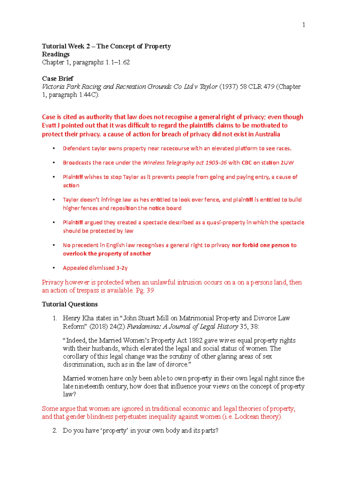 Property Law Final Exam Notes: Key Cases and Concepts (LAW123) - Studocu