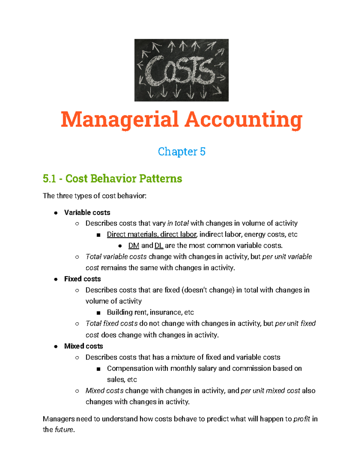 Managerial Accounting Ch 5: Understanding Cost Behavior and Estimation ...