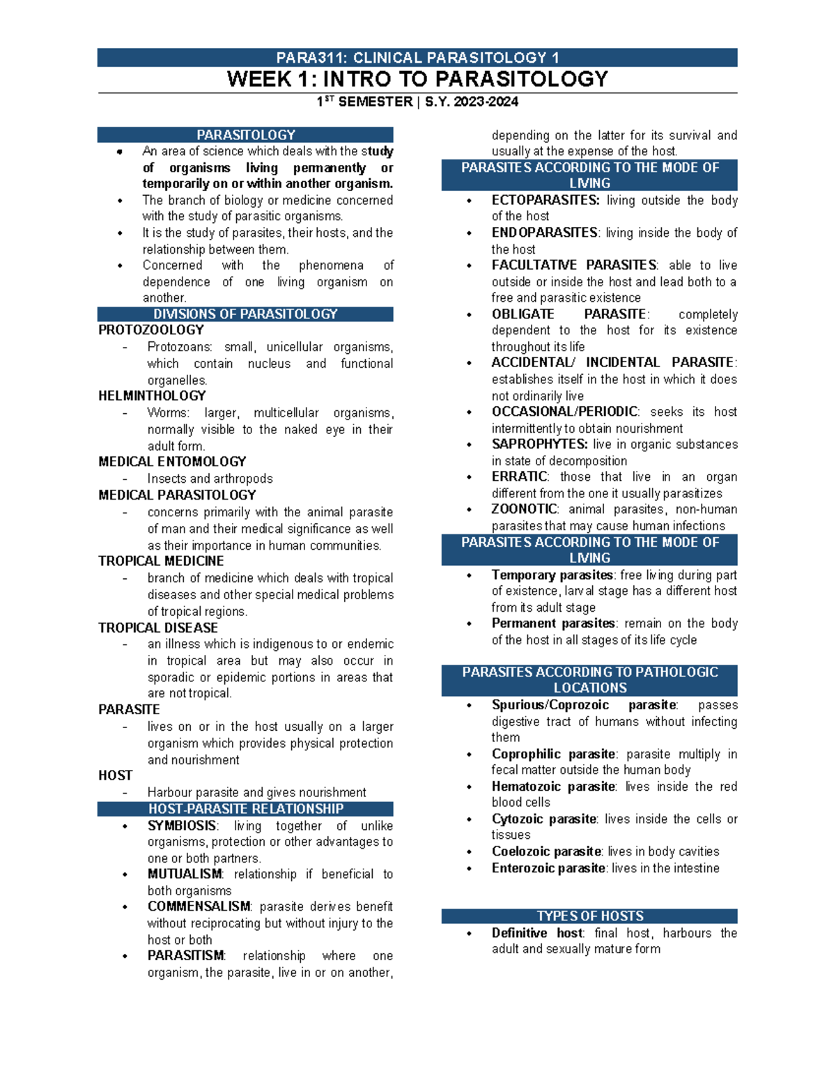 WEEK 1 PARA311 - Intro to Parasitology (Lecture Notes) - Studocu