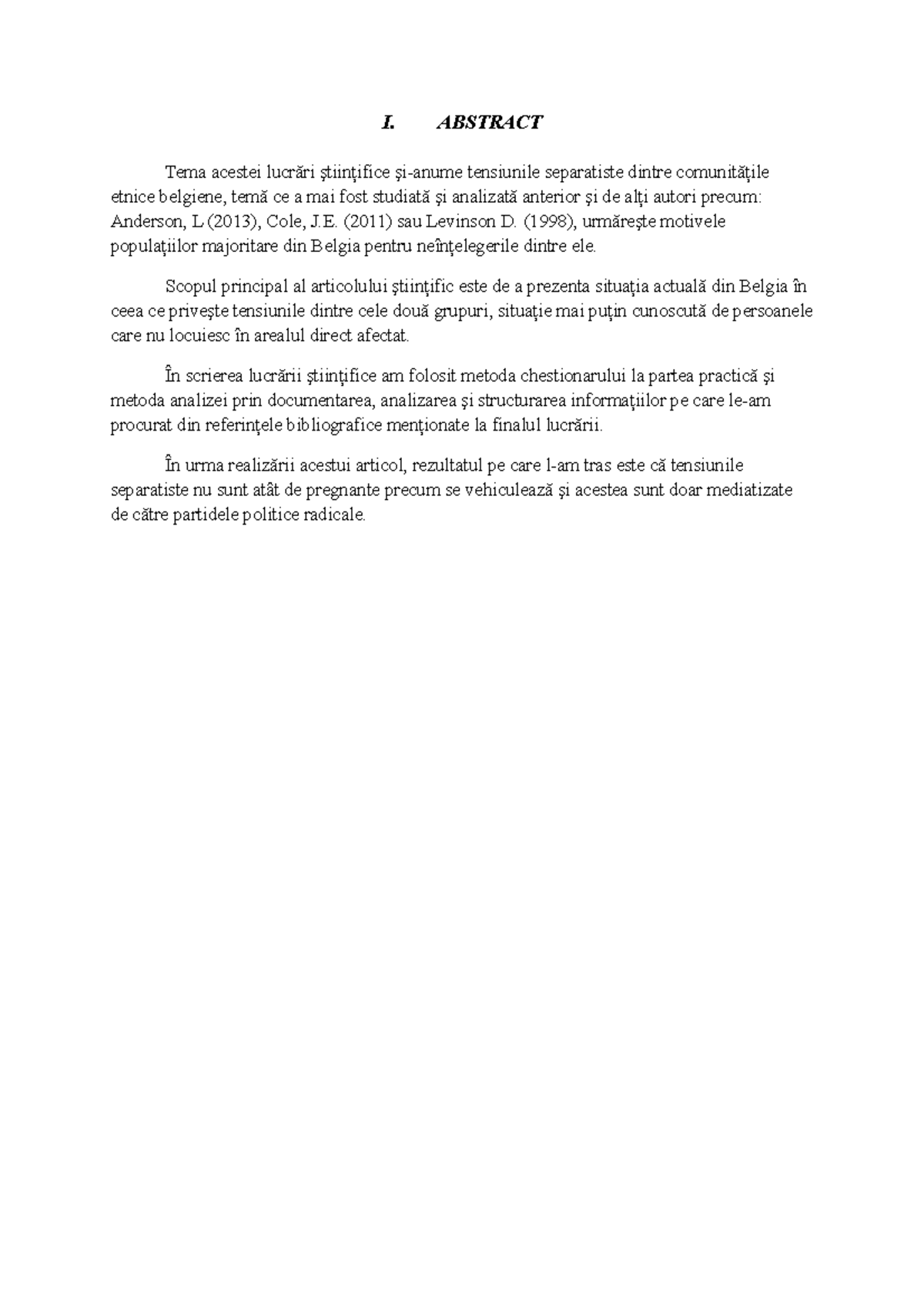 Abstract în română Articol ŞTIINŢIFIC - I. ABSTRACT Tema acestei ...