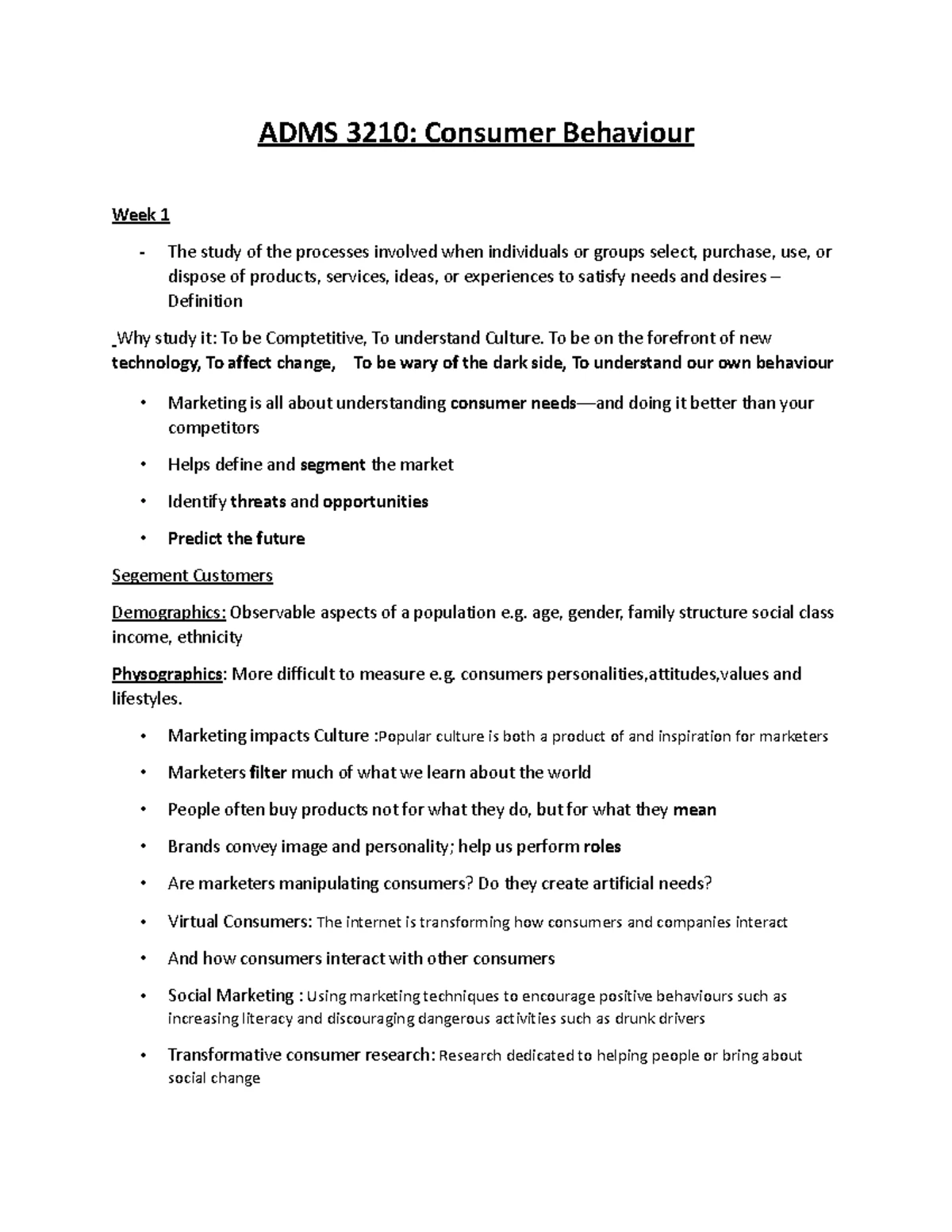 ADMS 3210 Week 1 Lecture Notes on Consumer Behaviour Insights - Studocu