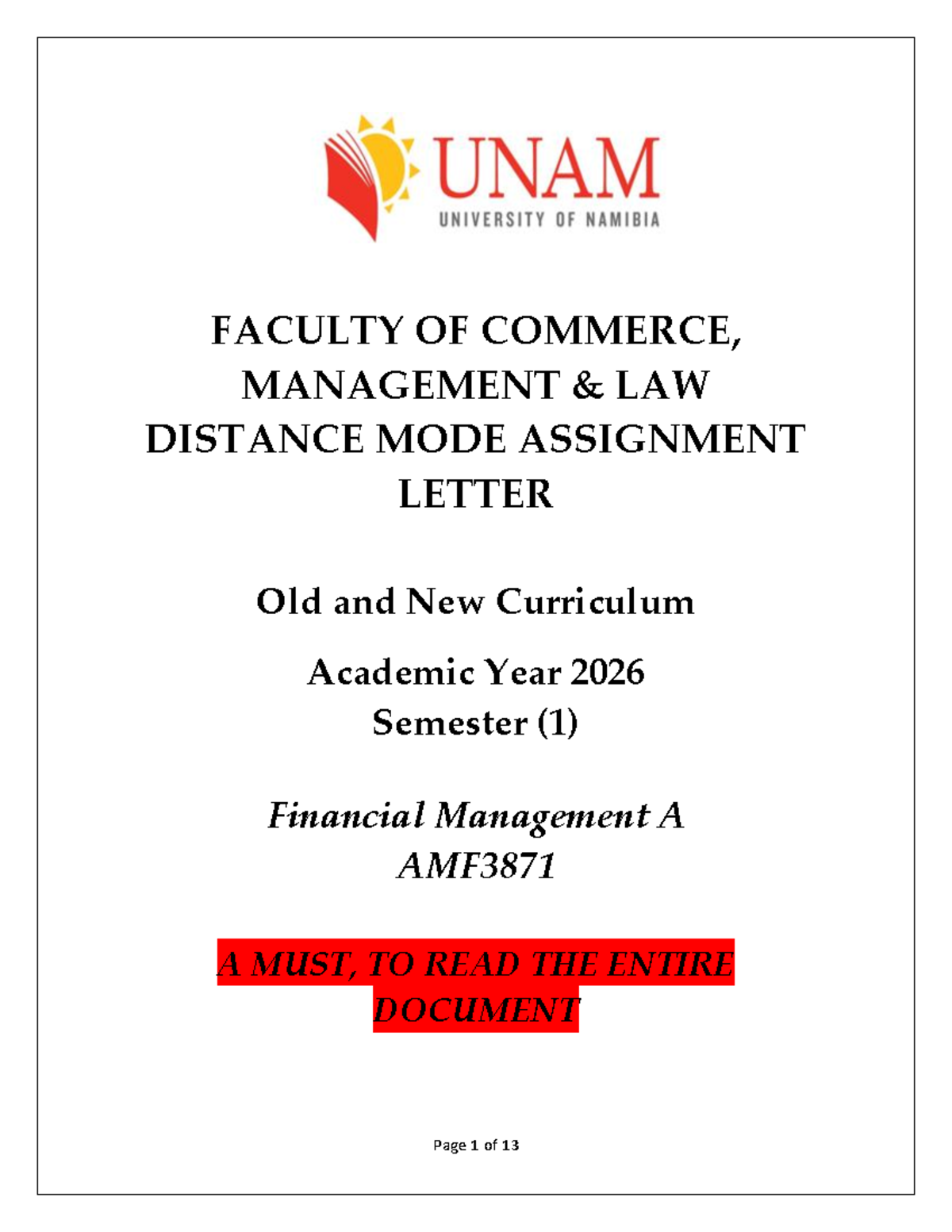 Assignment Tutorial Letter 2026 for Financial Management AMF3871 - Studocu