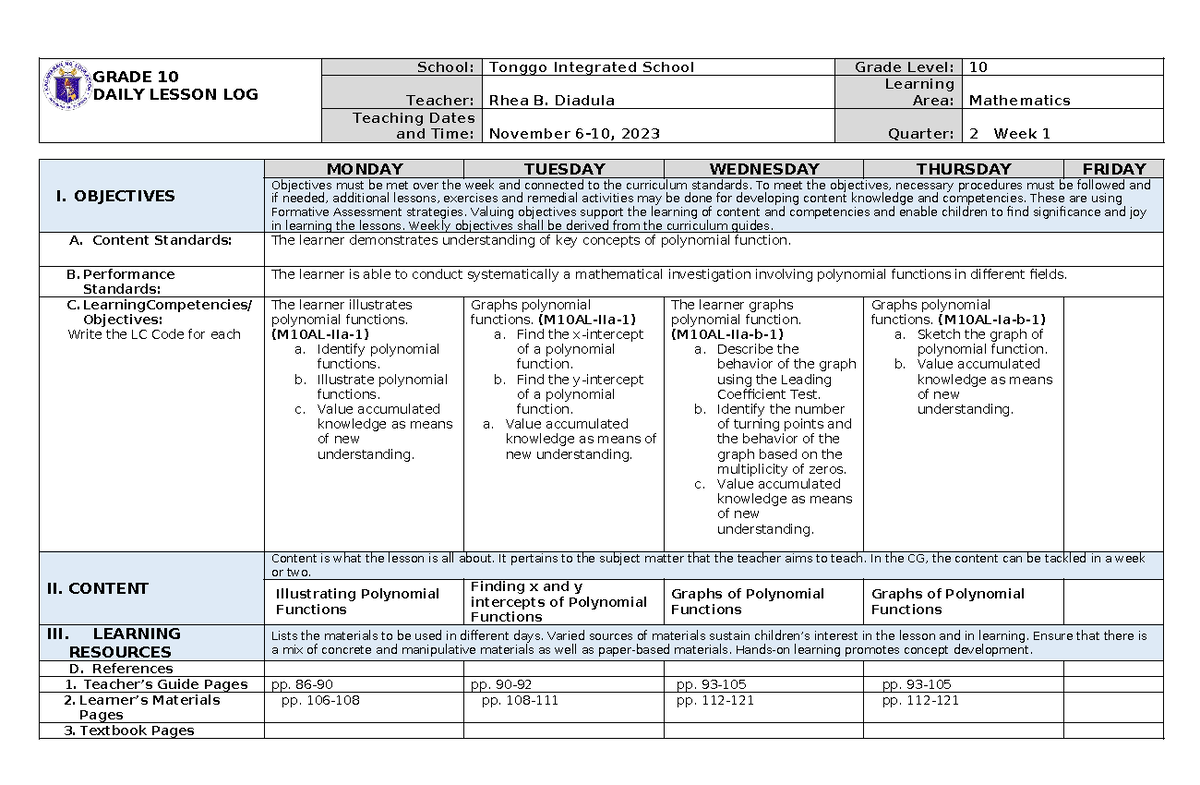 699190649 DLL Math 10 Q2 W1 Lesson Plan on Polynomial Functions - Studocu