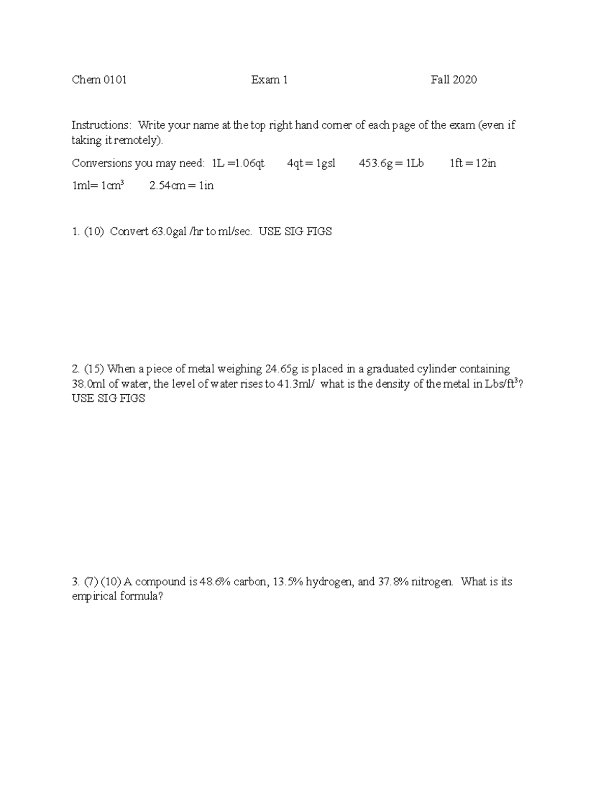 Chem 0101 Exam 1 Fall 2020: Conversion & Density Problems - Studocu