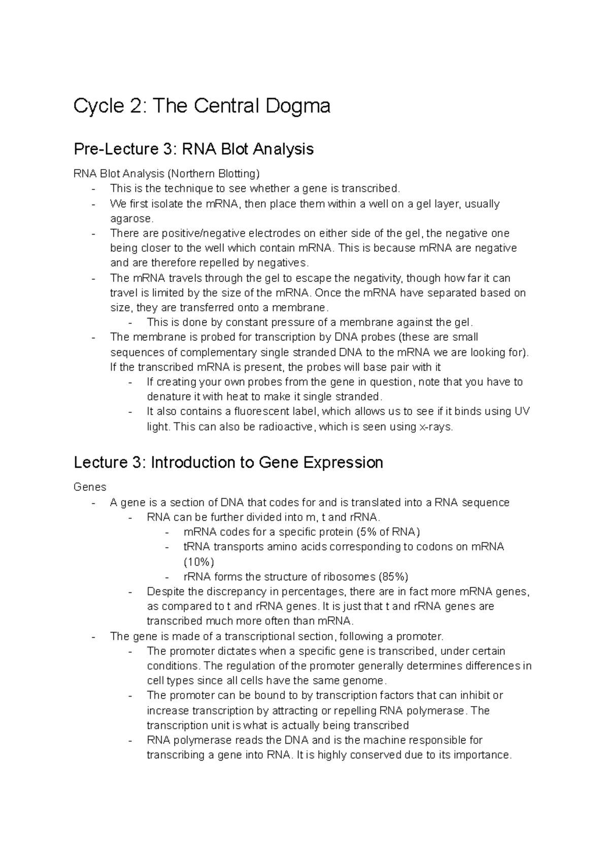 Cycle 2: RNA Blot Analysis & Gene Expression Overview - Studocu