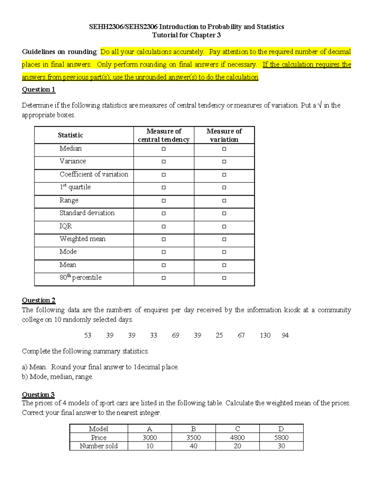 Ch3 Tutorial: Introduction to Probability & Statistics Guidelines - Studocu