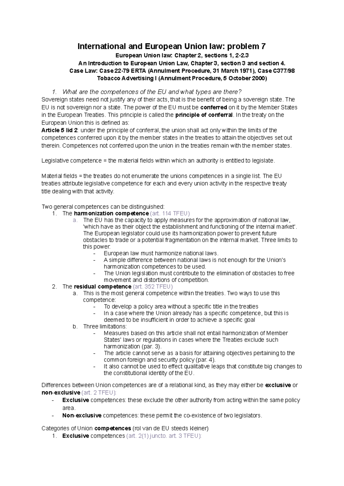 Introduction to International and European Union law, probleem 7 - EUR ...