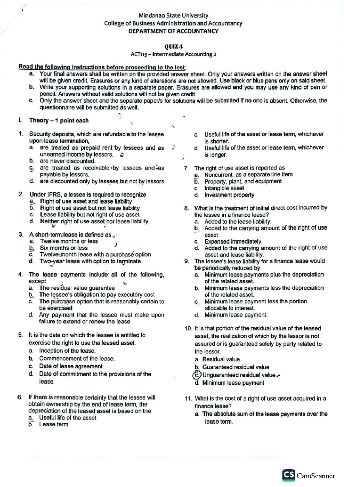 Midterm Quiz ACT113: Intermediate Accounting 2 Insights - Studocu