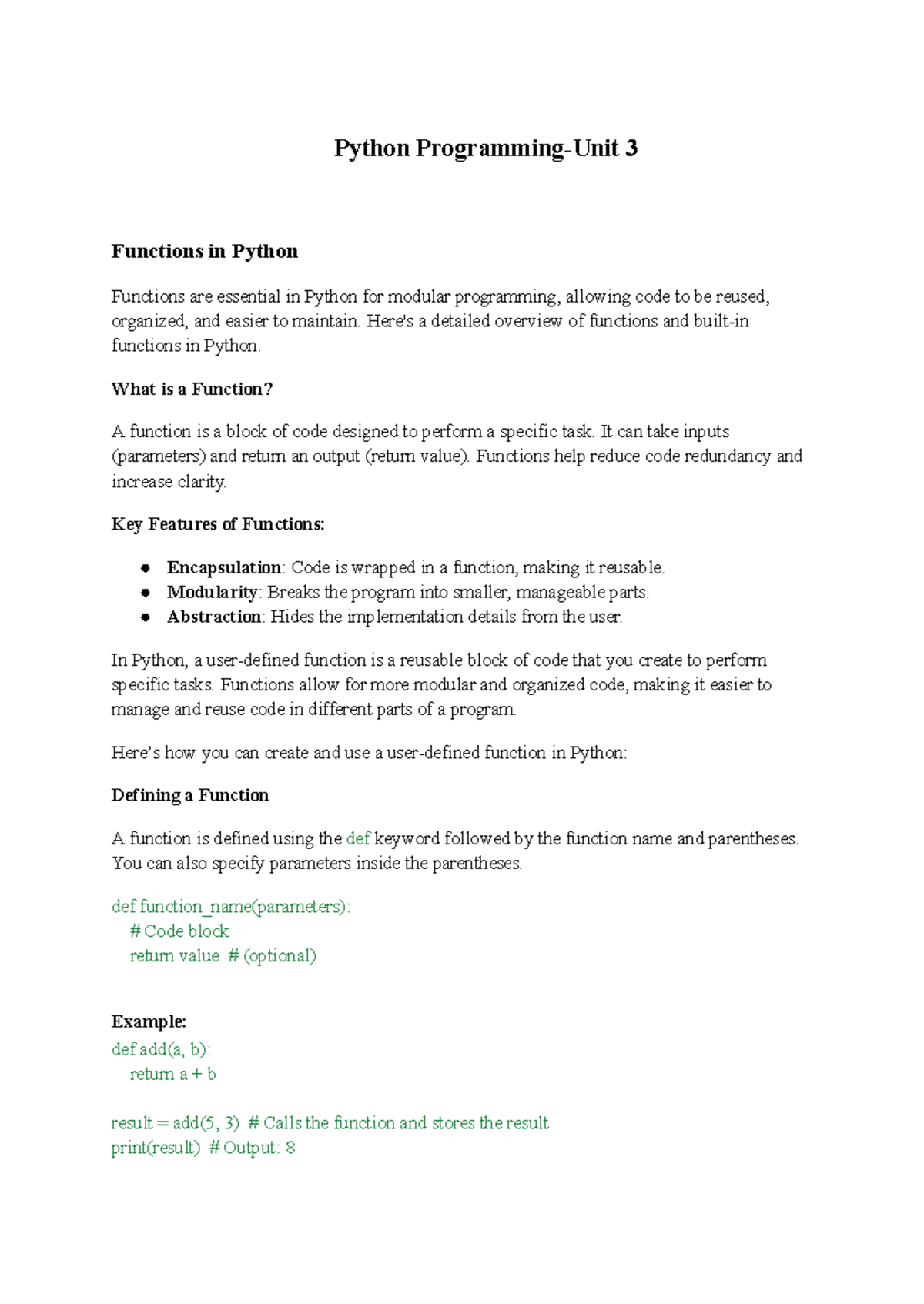 Python Programming - Unit 3: Understanding Functions and Their Usage ...