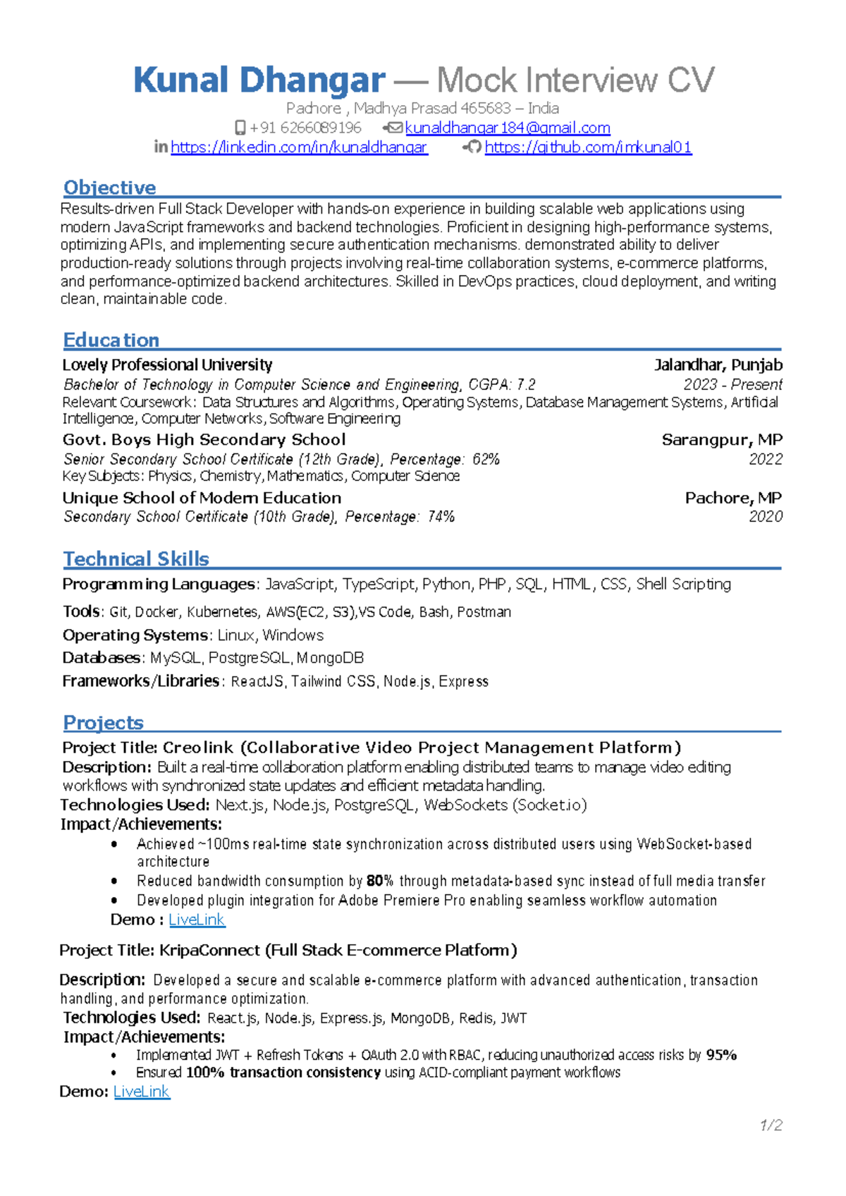 Kunal Dhangar Full Stack Developer CV - Mock Interview 465683 - Studocu