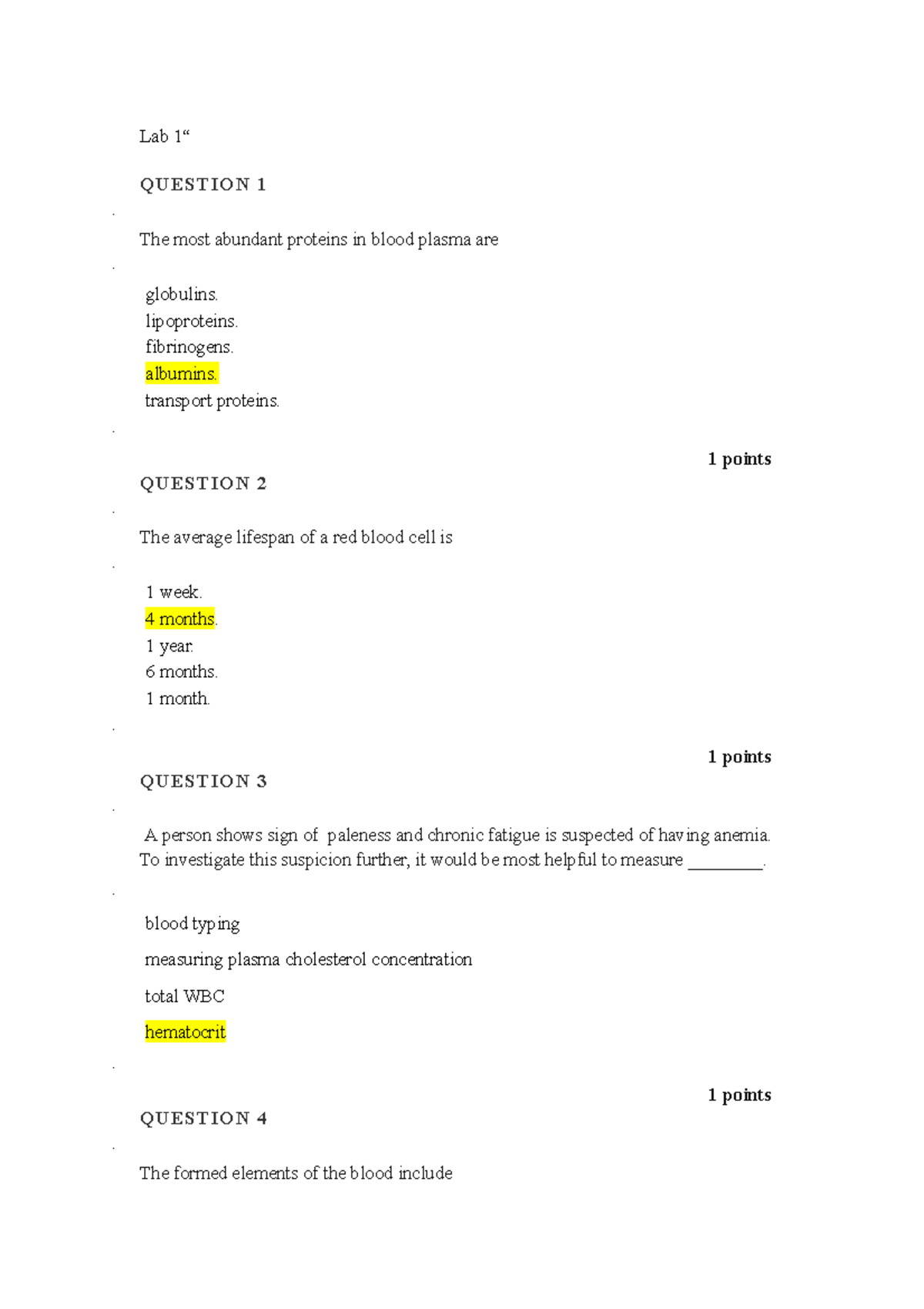 LAB 1: Blood Components and Their Functions - Practice Questions - Studocu