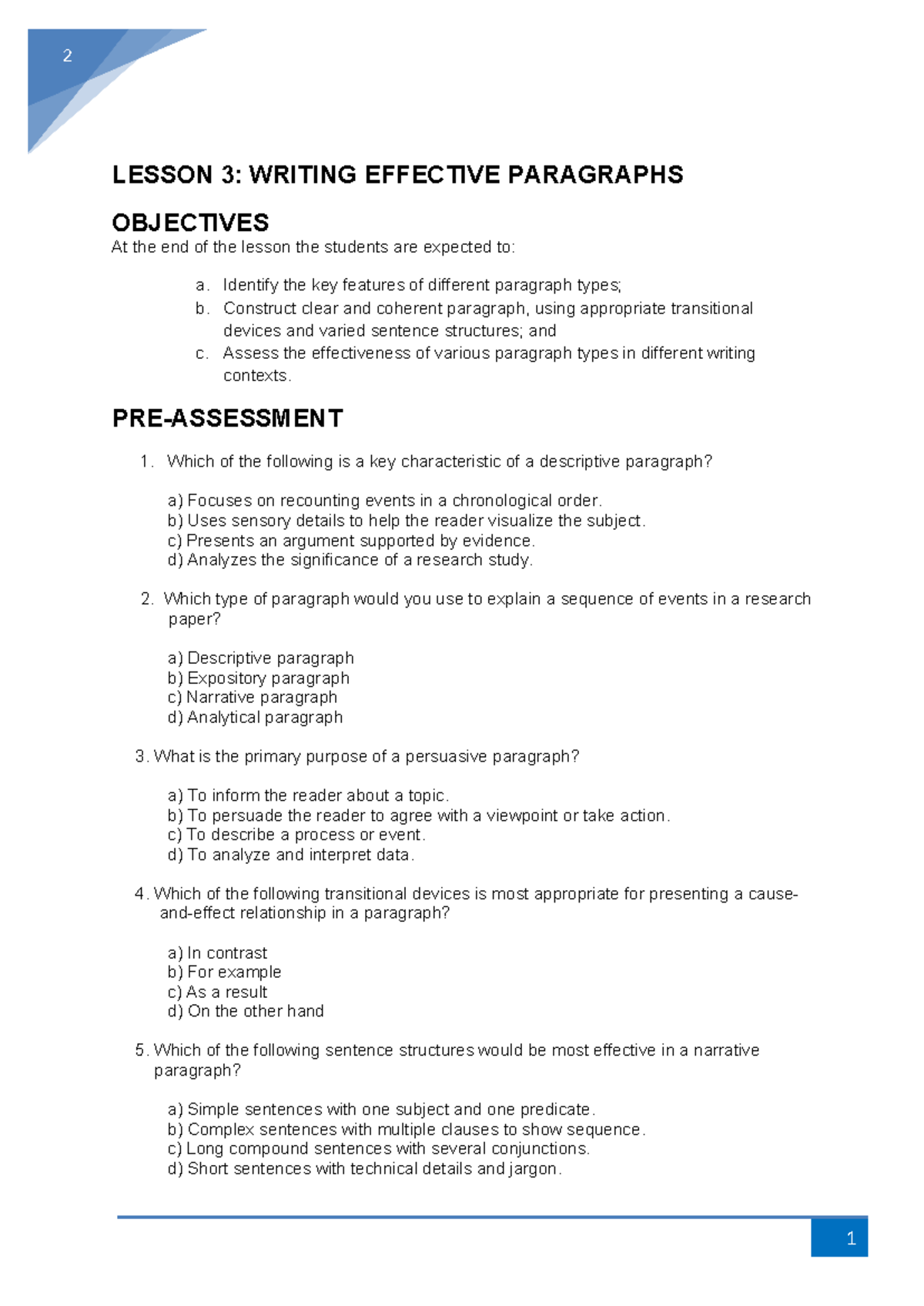 Lesson 3: Crafting Effective Paragraphs in Writing - Studocu