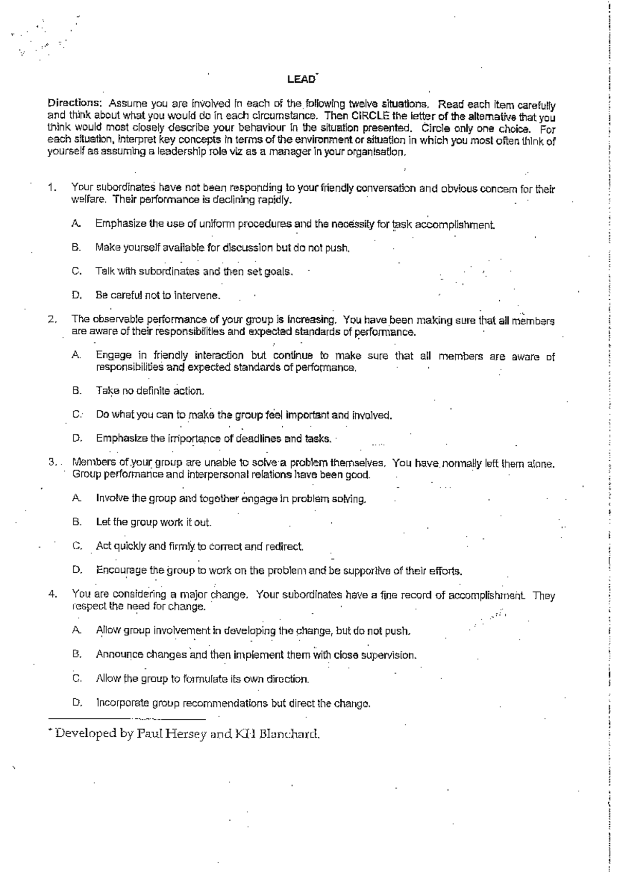 LEAD - Nil - LEAD Directions: Assume you are involved in each of the ...