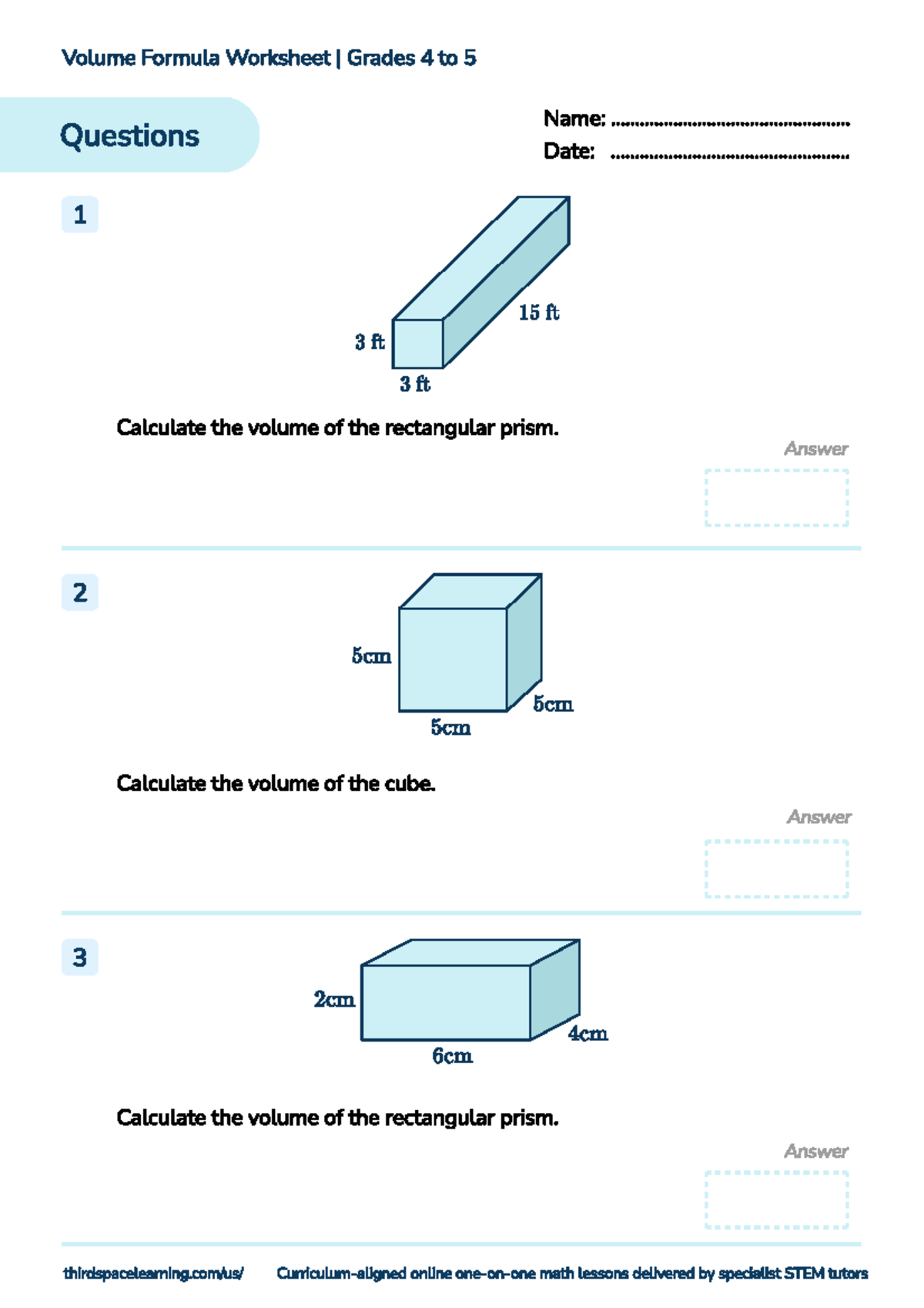 Grade 4-5 Volume Formula Worksheet - TSL-QUES - Studocu