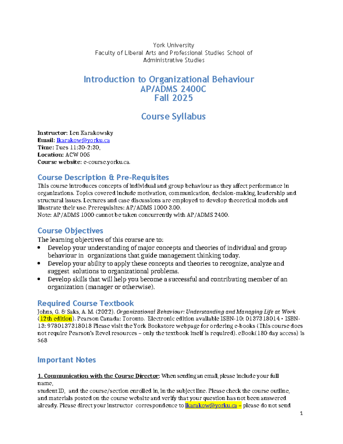 F25.ADMS 2400C Organizational Behaviour Course Syllabus Fall 2025 - Studocu