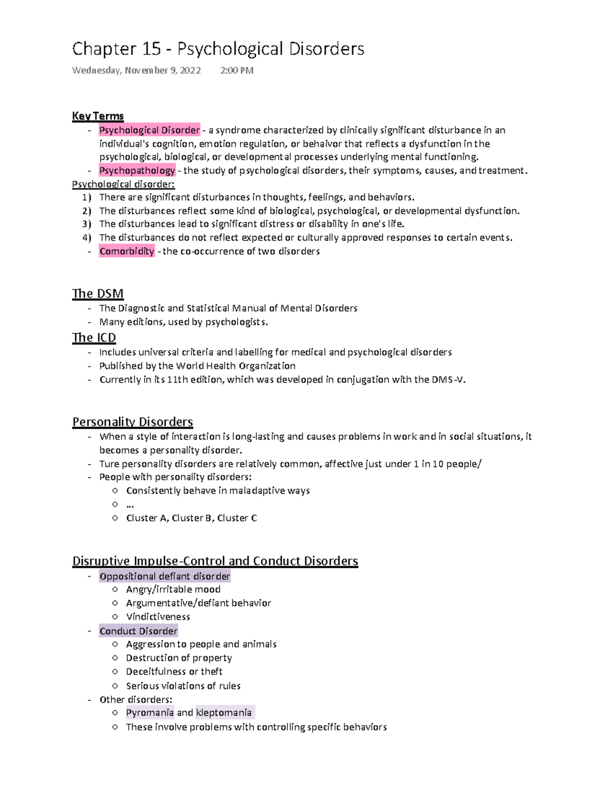 Chapter 15 - Psychological Disorders - Key Terms Psychological Disorder ...