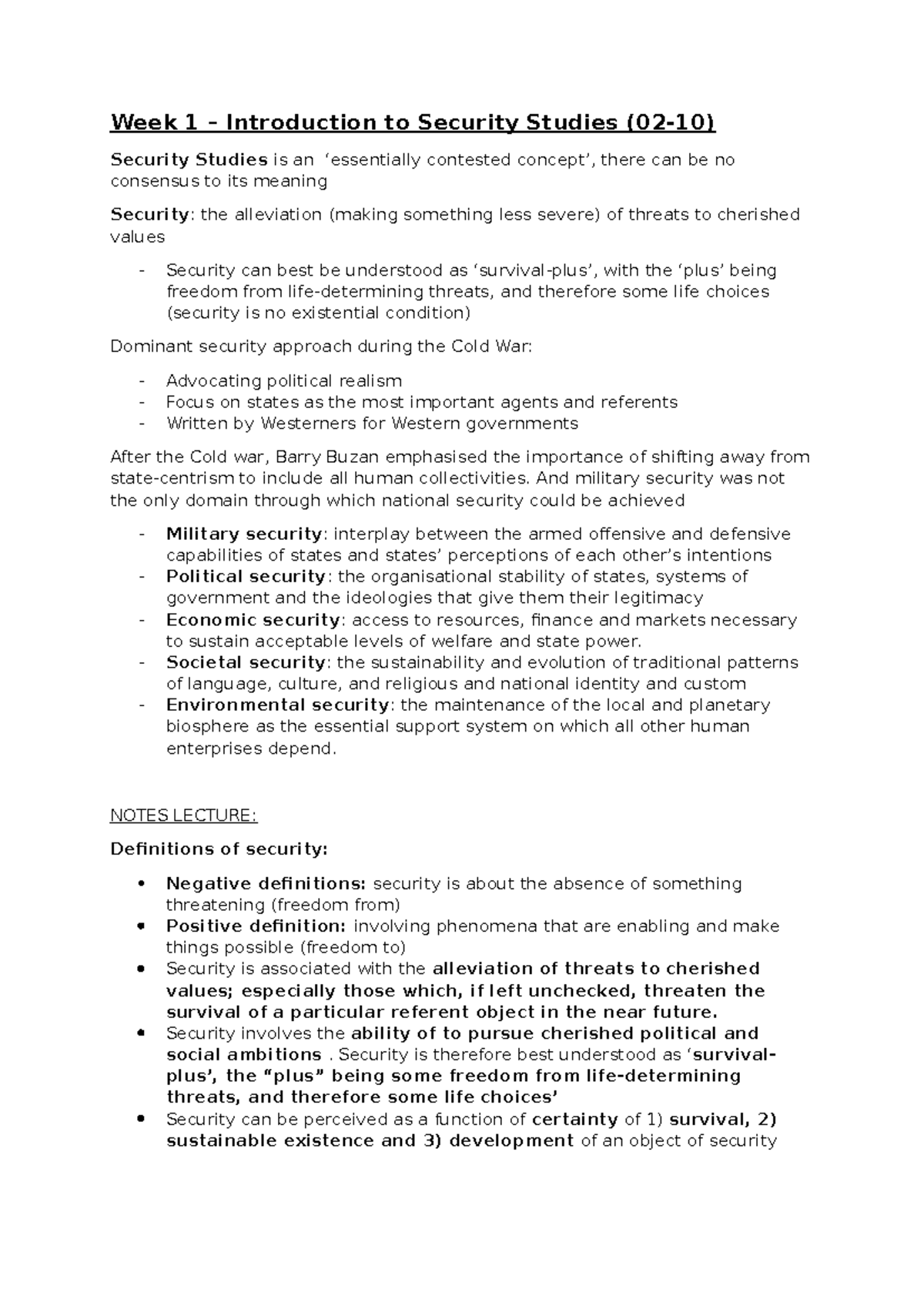 Notes Key Concepts in Contemporary Security Studies - Week 1 ...