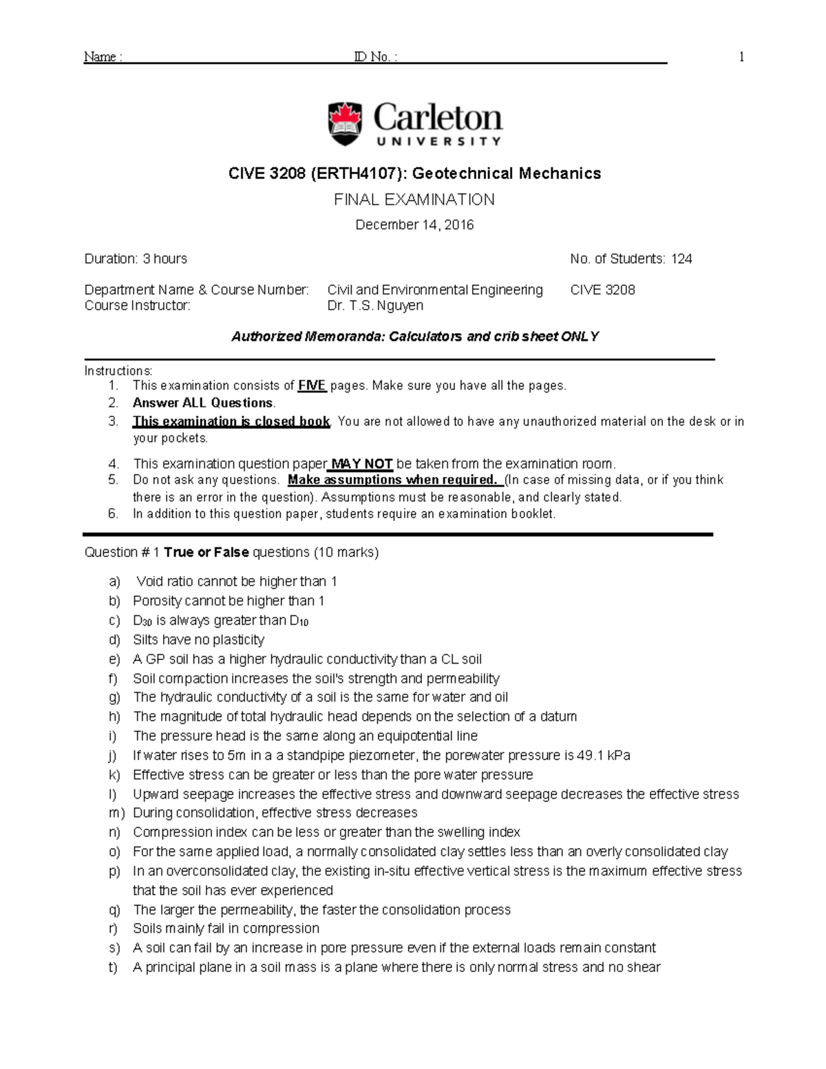 CIVE 3208: Final Exam Review - Geotechnical Mechanics Questions - Studocu