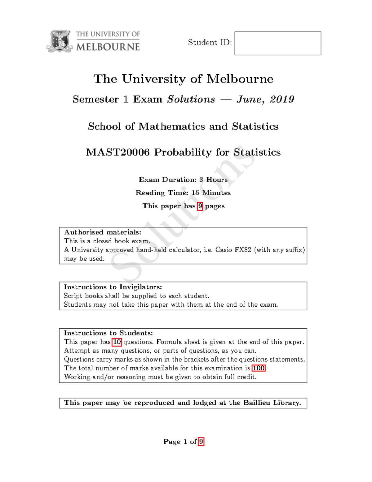 MAST20006 Final Exam Solutions - Probability for Statistics Sem 1 2019 ...